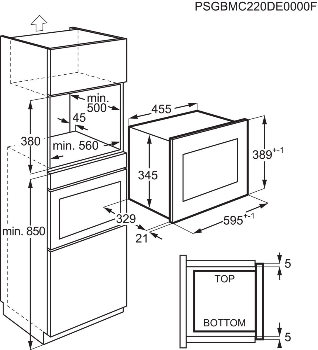 Dibujo técnico de un horno empotrable con dimensiones y pautas de instalación.