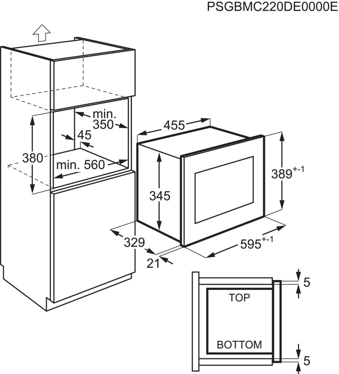 Dibujo técnico de un horno empotrable con dimensiones.
