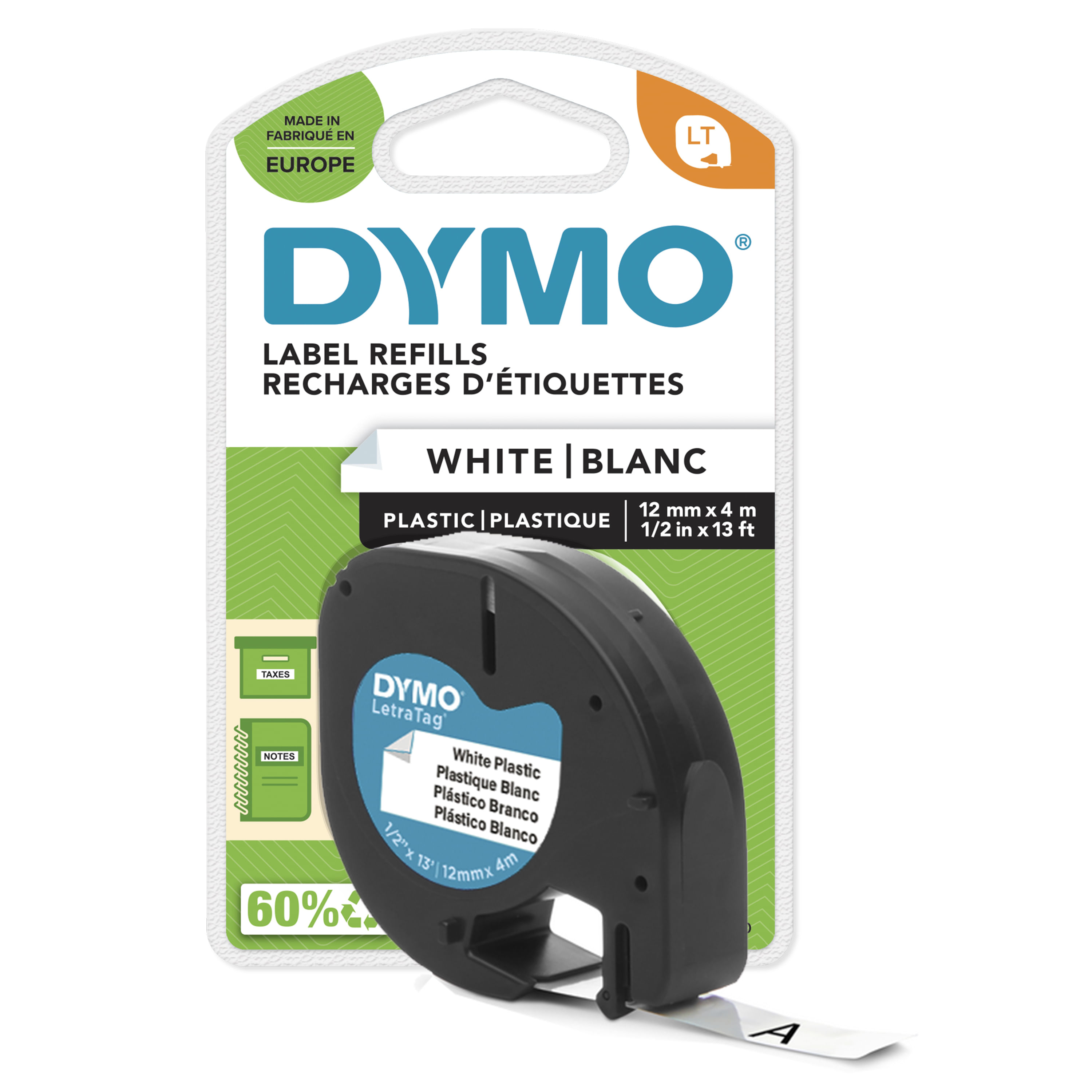 DYMO Etikettenrolle, weiße Kunststoffetiketten, 12mm x 4m.
