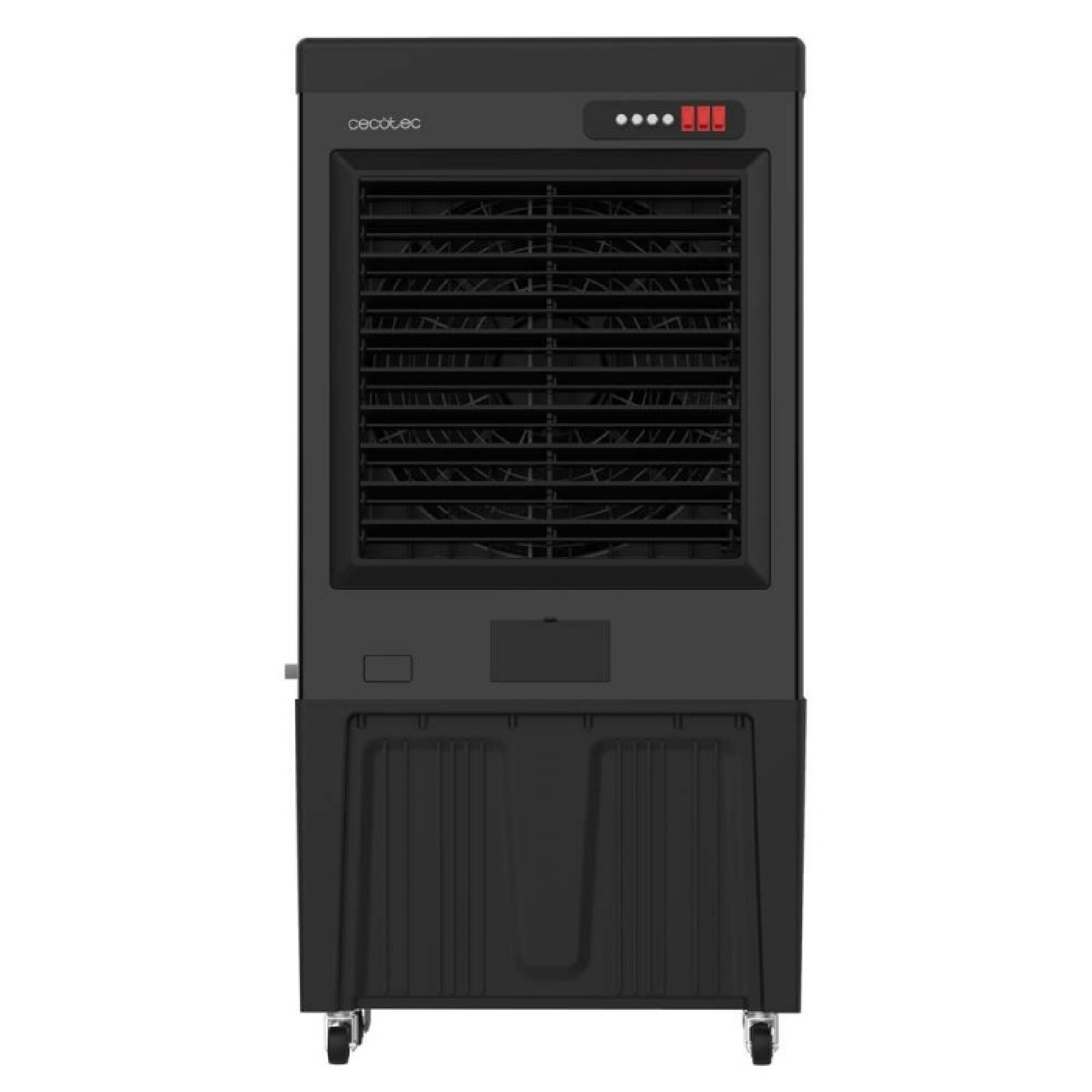 Enfriador de aire negro con ruedas y controles arriba.