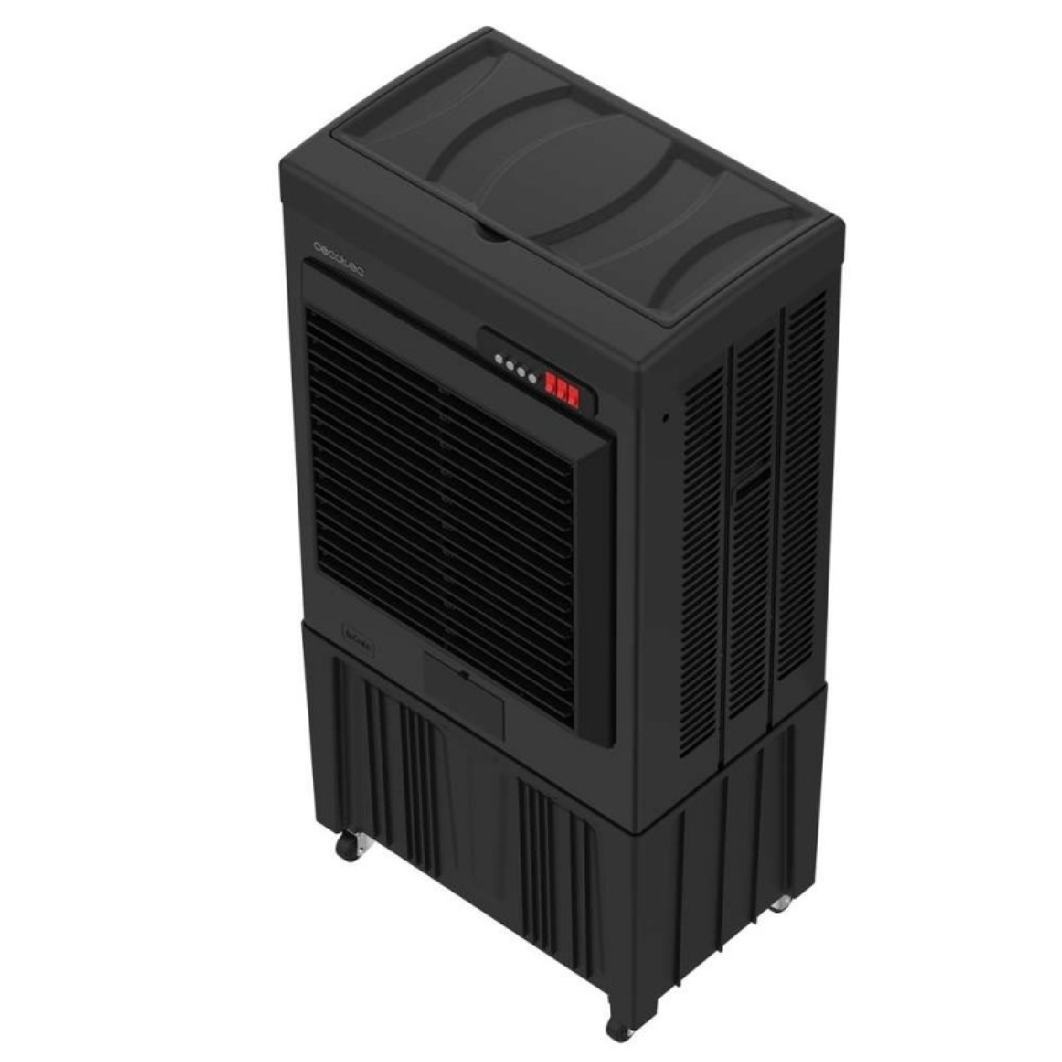 Un enfriador de aire negro con ruedas y rejillas de ventilación.