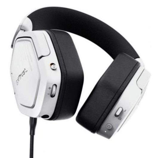 Weißes und schwarzes Gaming-Headset mit Lautstärkereglern an den Ohrmuscheln. Der Kopfbügel ist gepolstert.