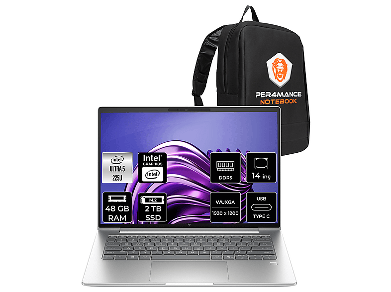 HP EB 6 G1i FHD+ AD4N5ETPN329 + PER4 Intel Core Ultra 5 225U 48 GB RAM 2 TB SSD 14 inç FreeDOS Laptop+Çanta Metalik Gri