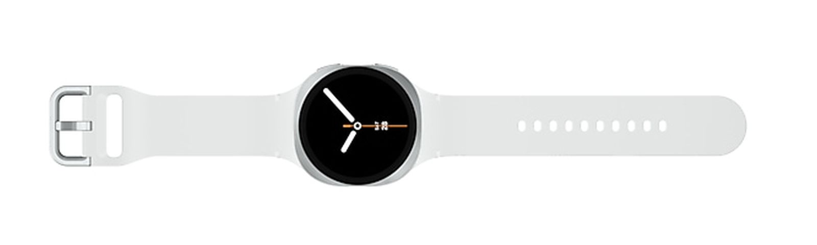 Eine weiße Smartwatch mit schwarzem Zifferblatt und silberner Schnalle.