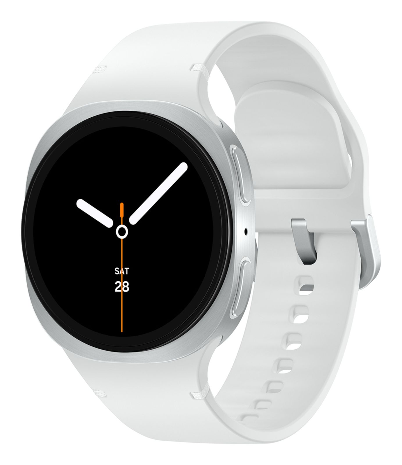 Eine weiße Smartwatch mit silbernem Gehäuse und schwarzem Zifferblatt.