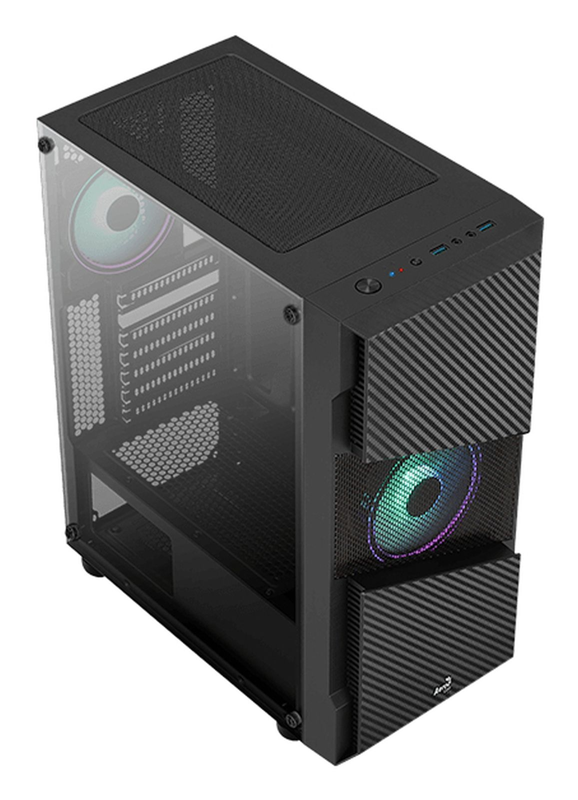 Case PC nero con pannello laterale in vetro, ventola RGB e accenti in fibra di carbonio.