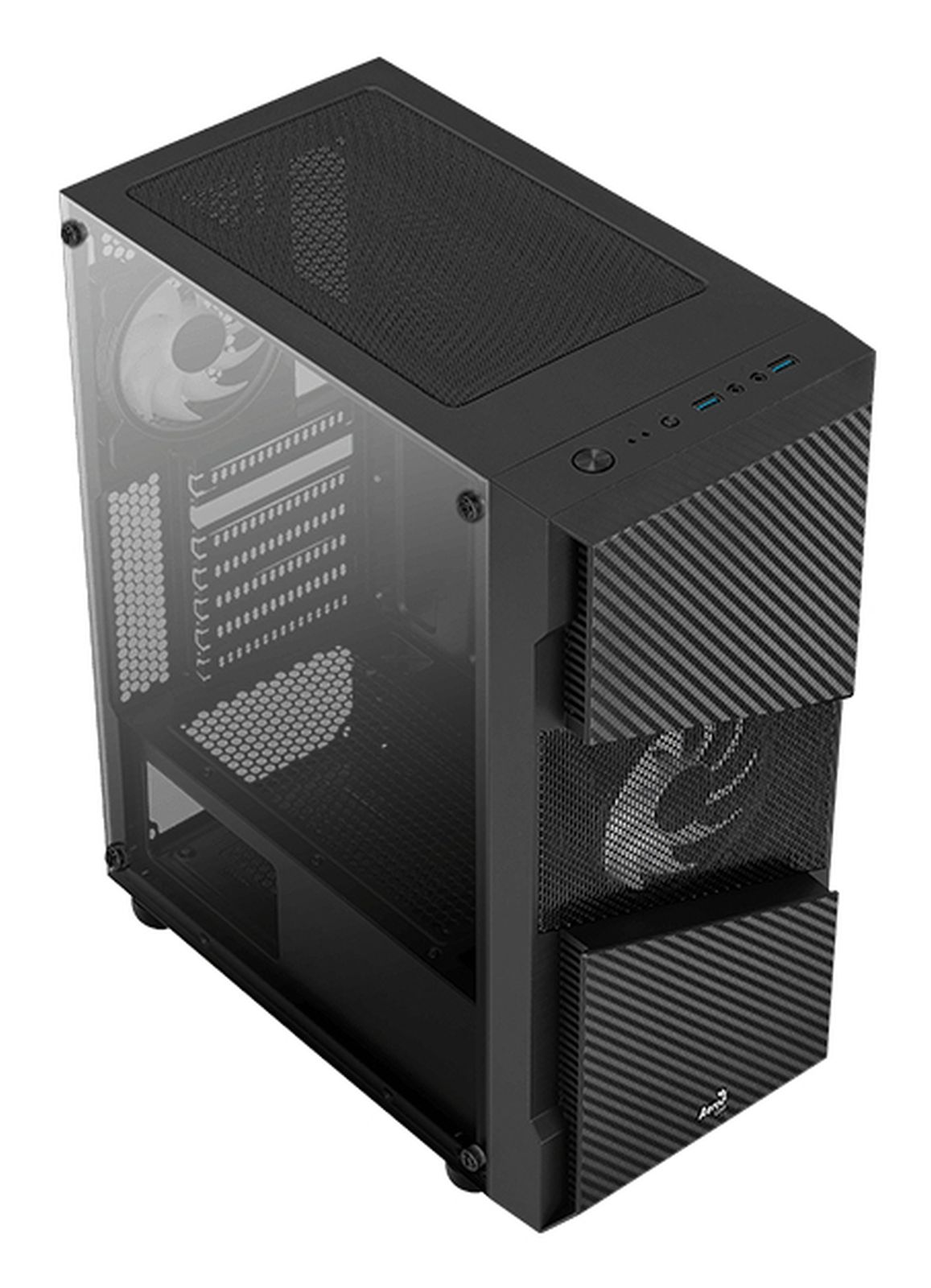 Un case PC nero con pannello laterale in vetro e accenti carbonio.