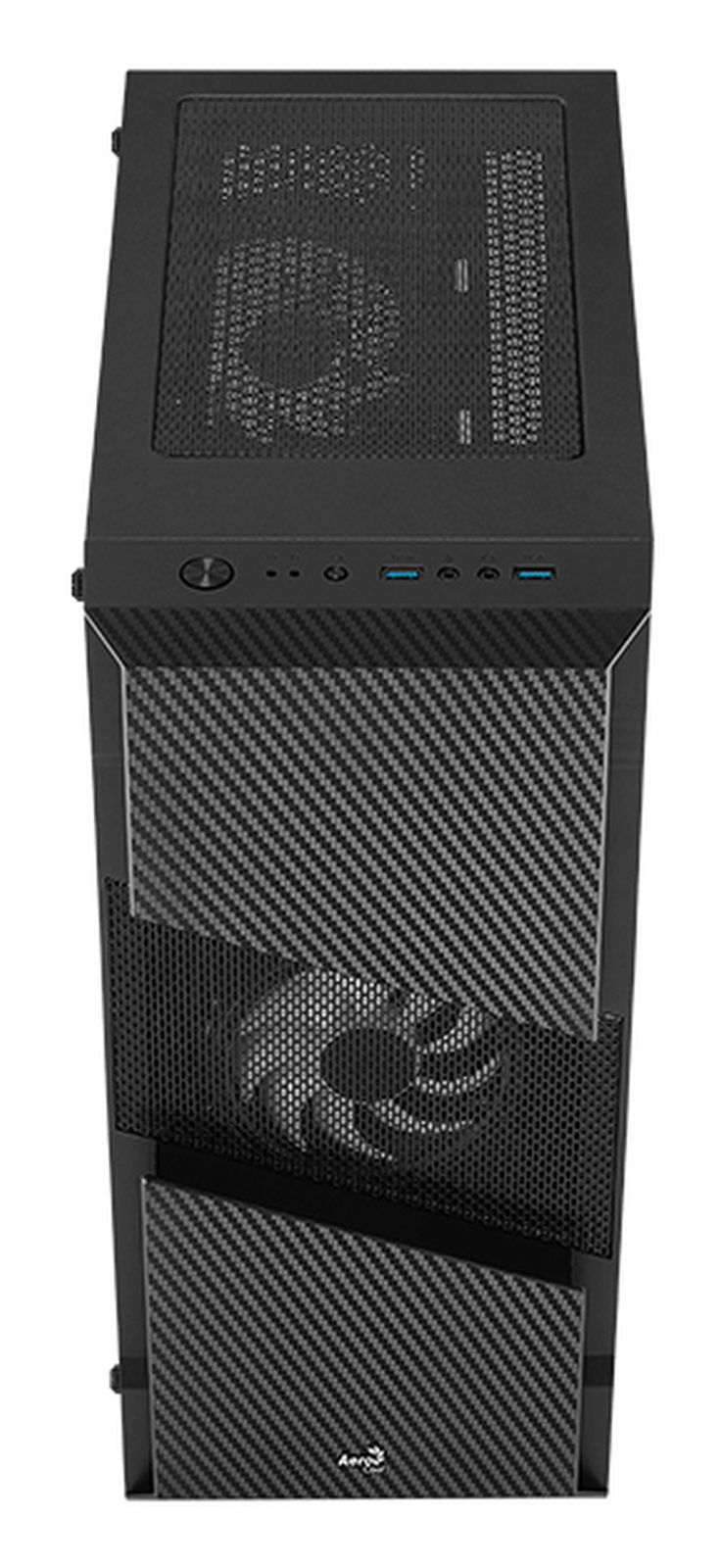 Tower del computer nero con accenti in fibra di carbonio e ventola frontale visibile.