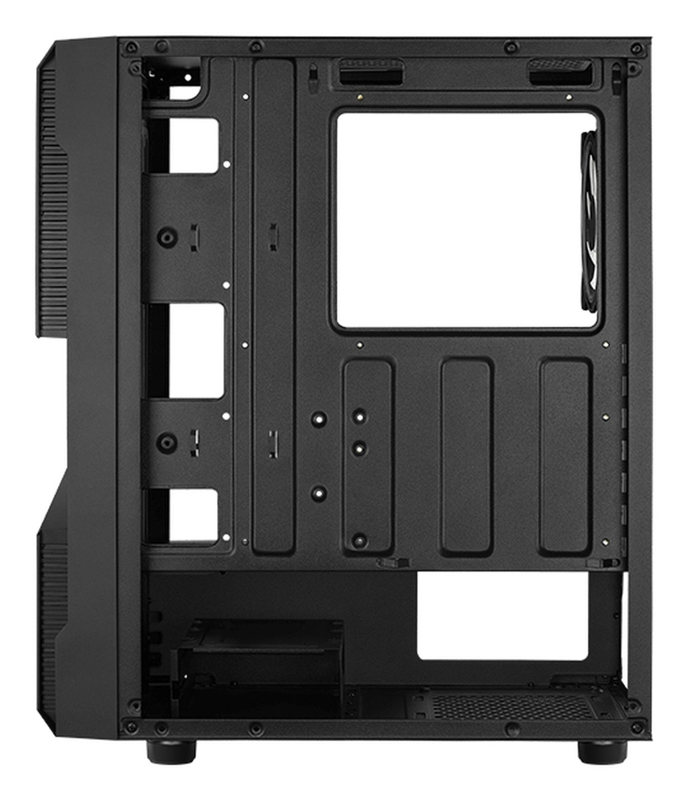 L'interno di un case per computer nero, con supporti per ventole e alloggiamenti per unità.