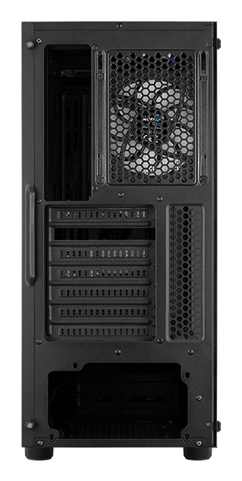 Vista posteriore di un case per computer nero con ventola e slot di espansione.