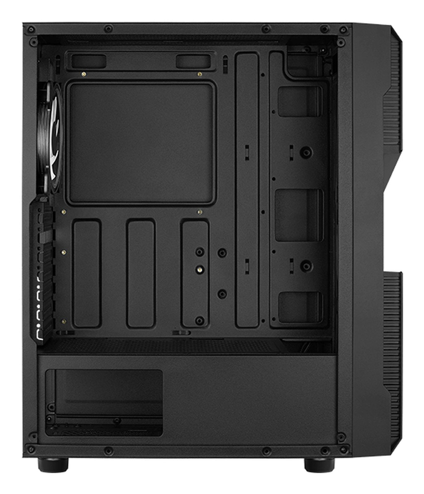 Interno del case del computer nero. Mostra supporti scheda madre, alloggiamenti unità e supporti ventola.