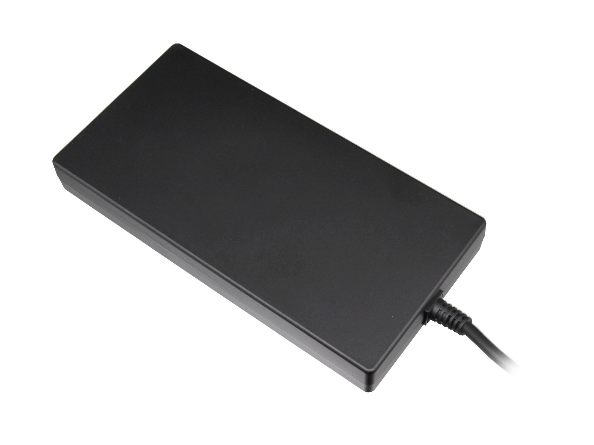 Schwarzer rechteckiger Netzadapter mit einem Kabel, das aus der rechten Seite herausführt.