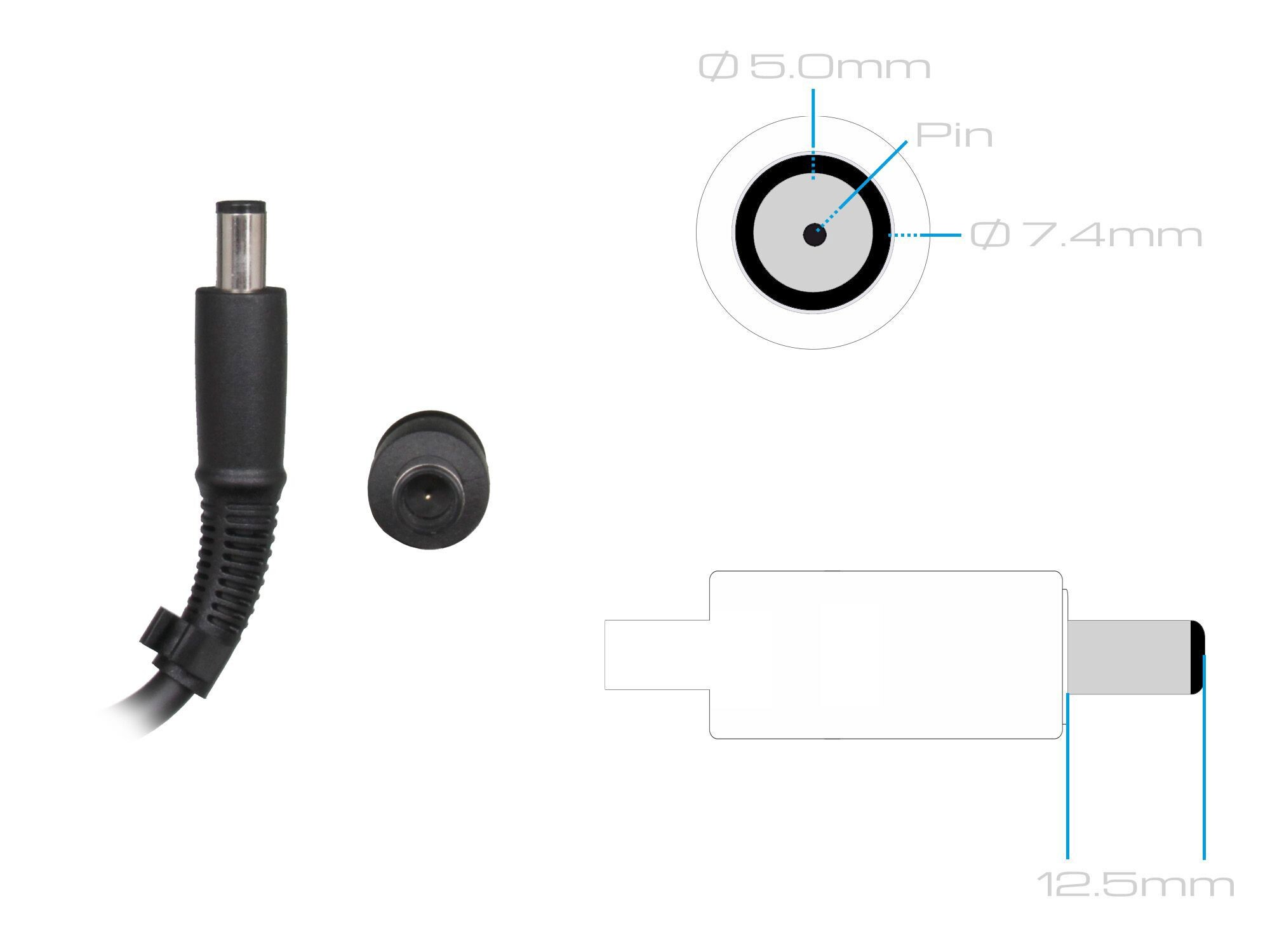 Diagramm eines DC-Stromanschlusses mit Abmessungen von 5,0 mm und 7,4 mm.