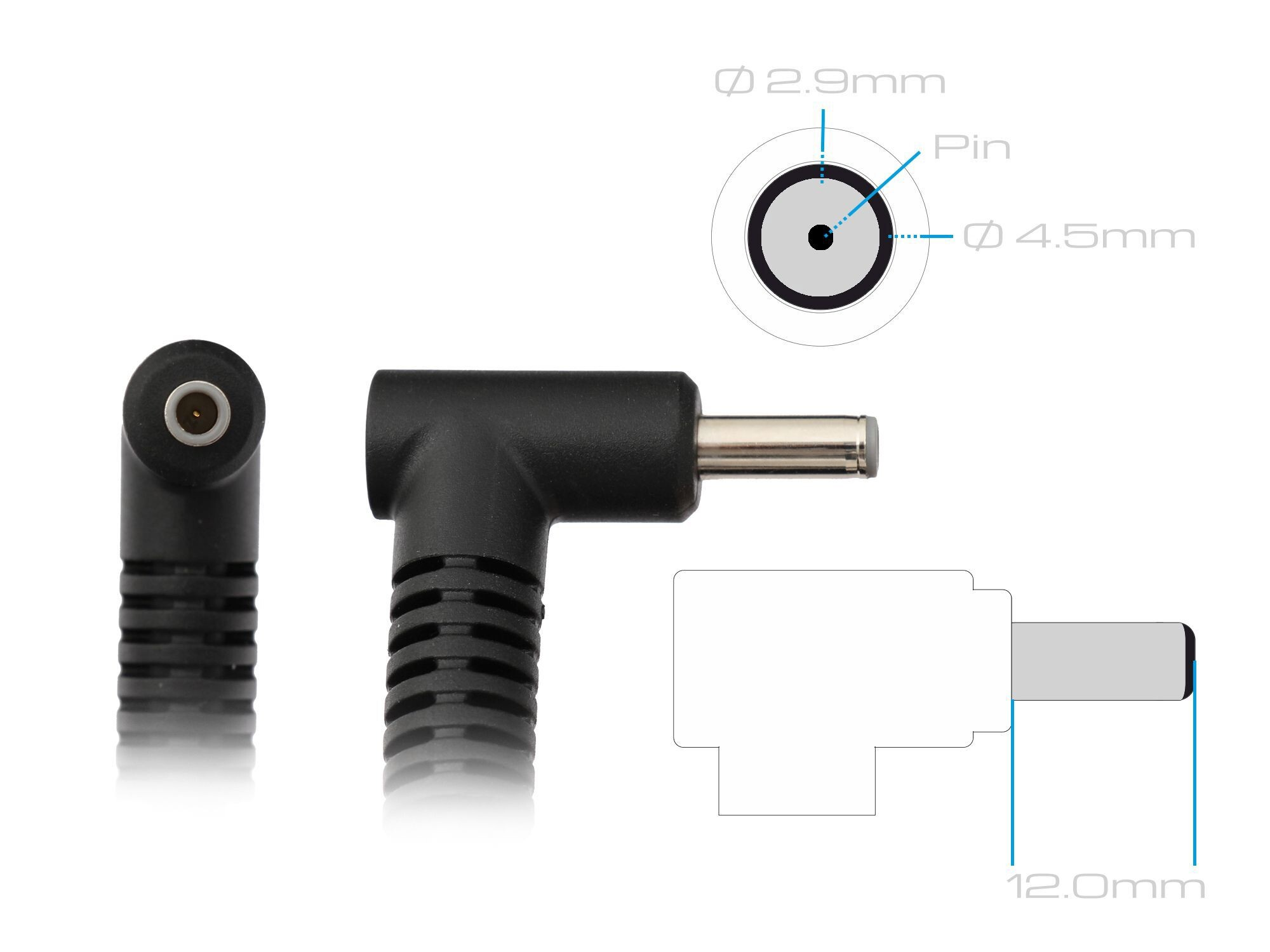 Ein schwarzer Stecker mit Metallspitze und Maßzeichnungen (2,9mm, 4,5mm, 12,0mm).
