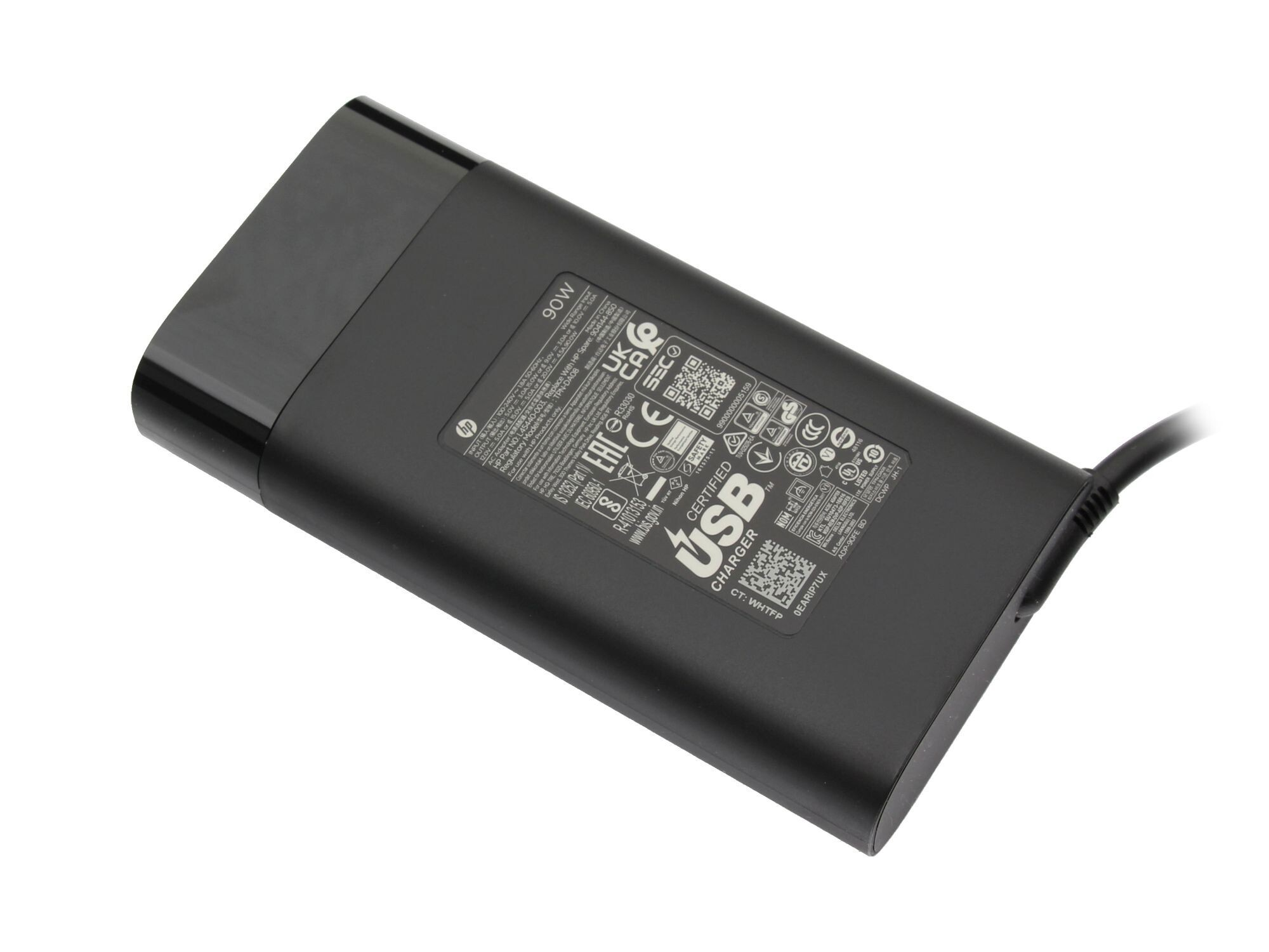 Schwarzes HP Netzteil mit 90W, USB-Ladegerät, mit Zertifizierungsmarkierungen.
