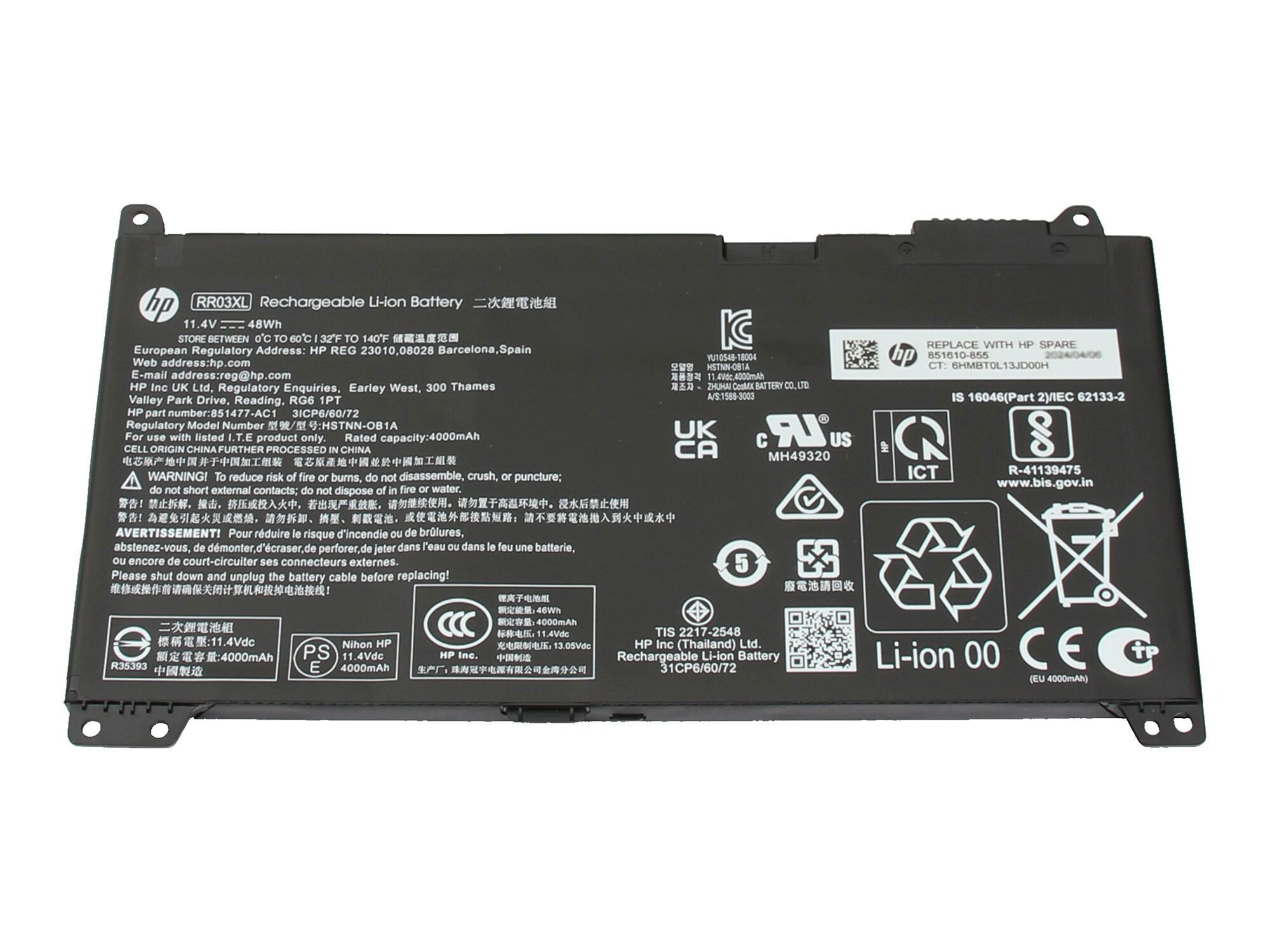 HP RR03XL Akku: 11.4V, 48Wh, Li-Ion, 4000mAh. Enthält Warnhinweise und Siegel.
