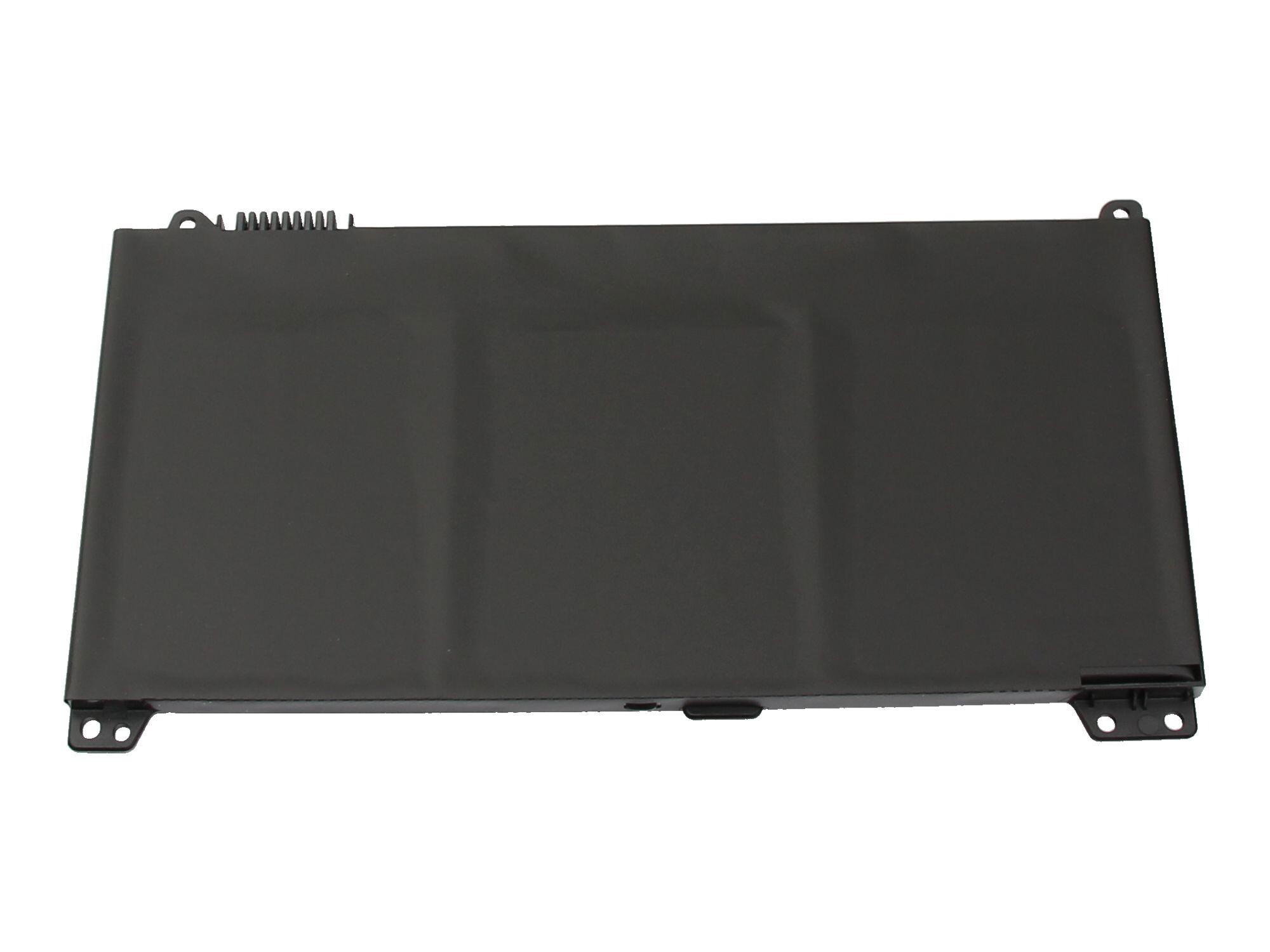 Schwarzer Laptop-Akku mit Montagelöchern und zahnartiger Kante.