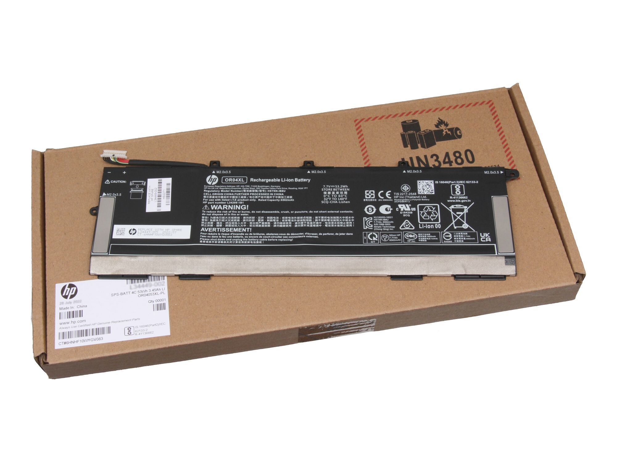 HP OR04XL Li-Ionen-Akku in einer braunen Verpackung, mit Warnhinweisen.