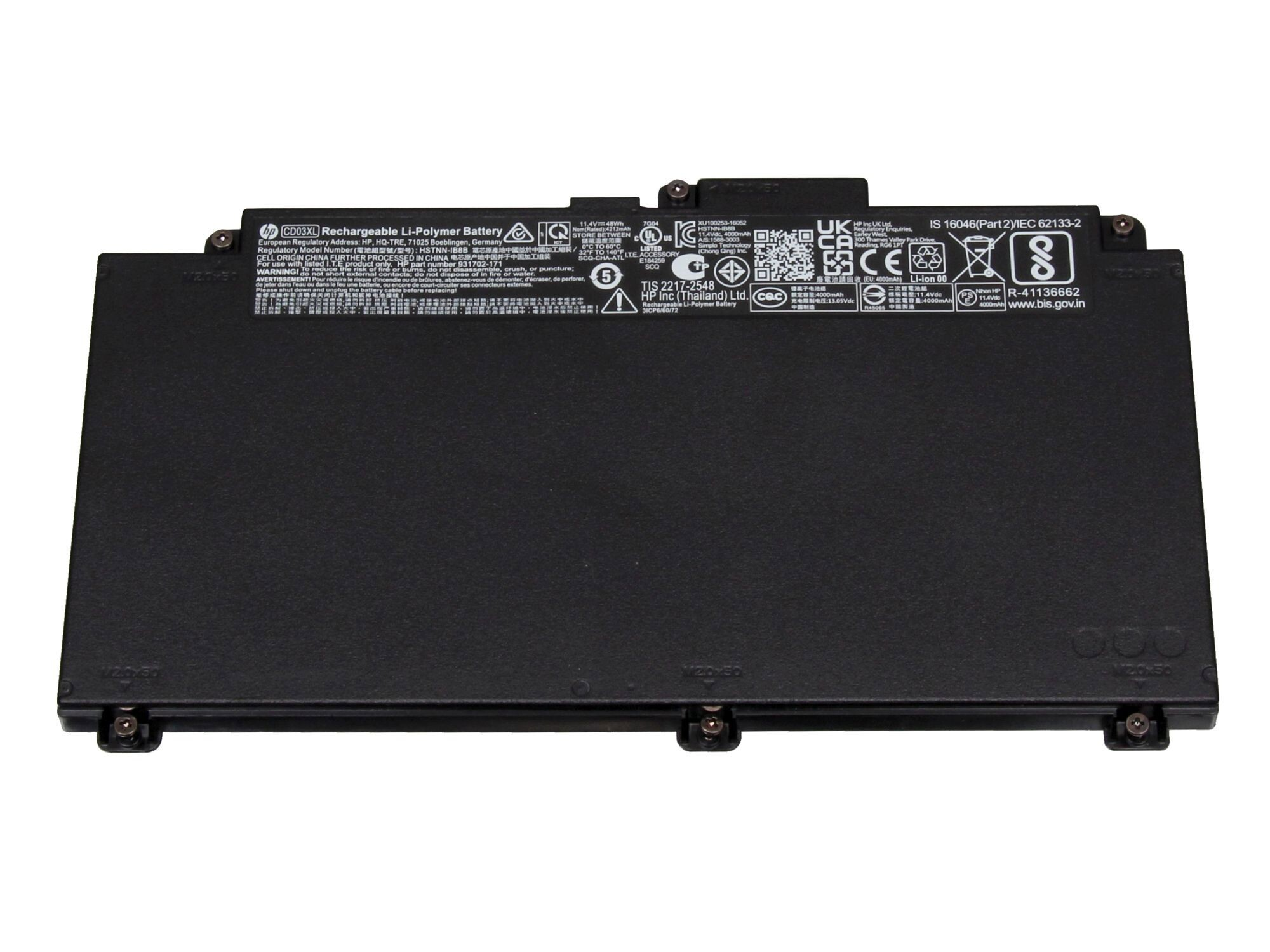 Schwarzer Lithium-Polymer-Akku mit technischen Details und Logos.