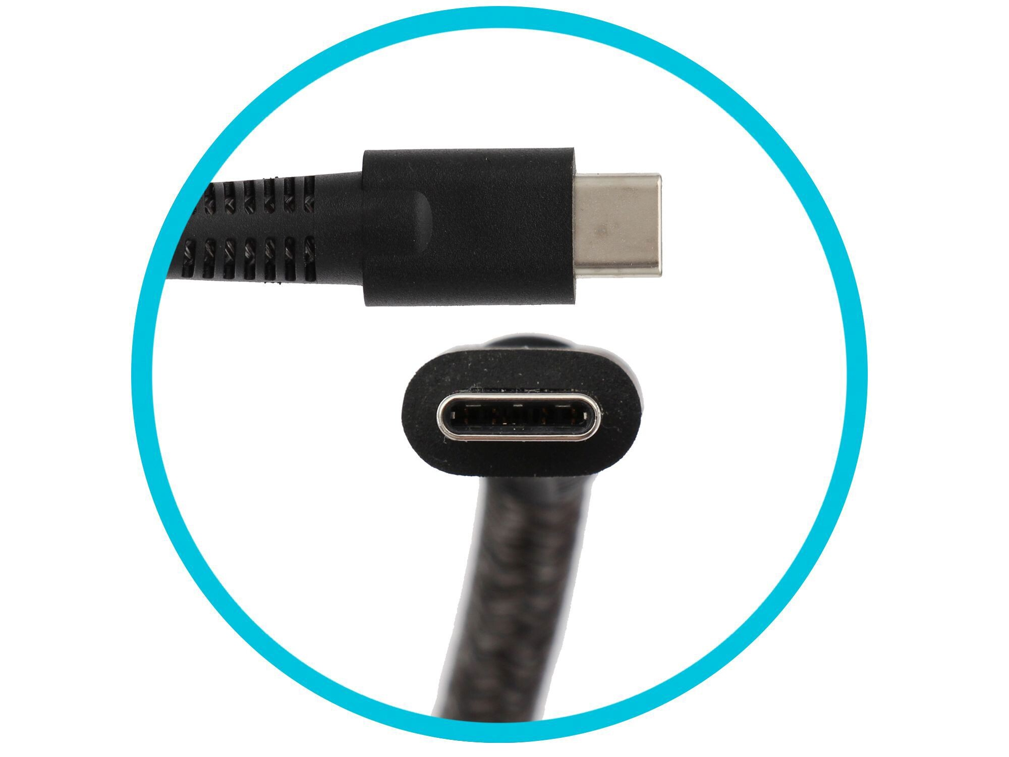 Ein schwarzes USB-C-Kabel, das aus einer Kreisanzeige herausragt.