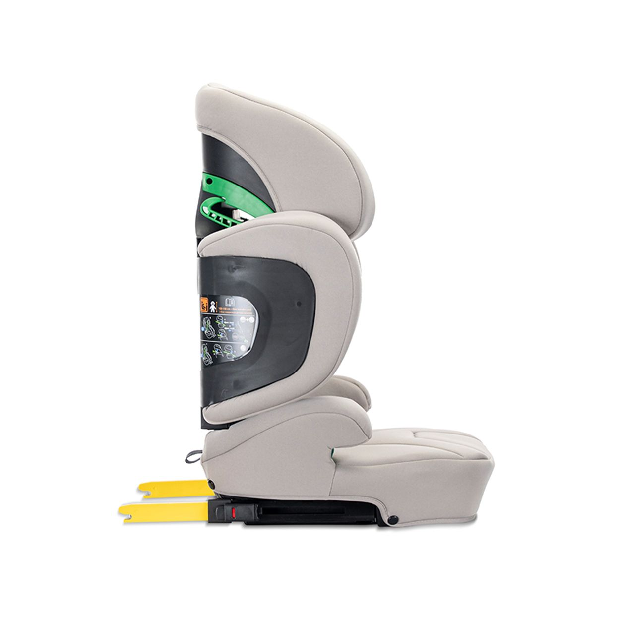 Seitenansicht eines hellgrauen Kindersitzes mit verstellbarer Kopfstütze und gelben ISOFIX-Konnektoren.