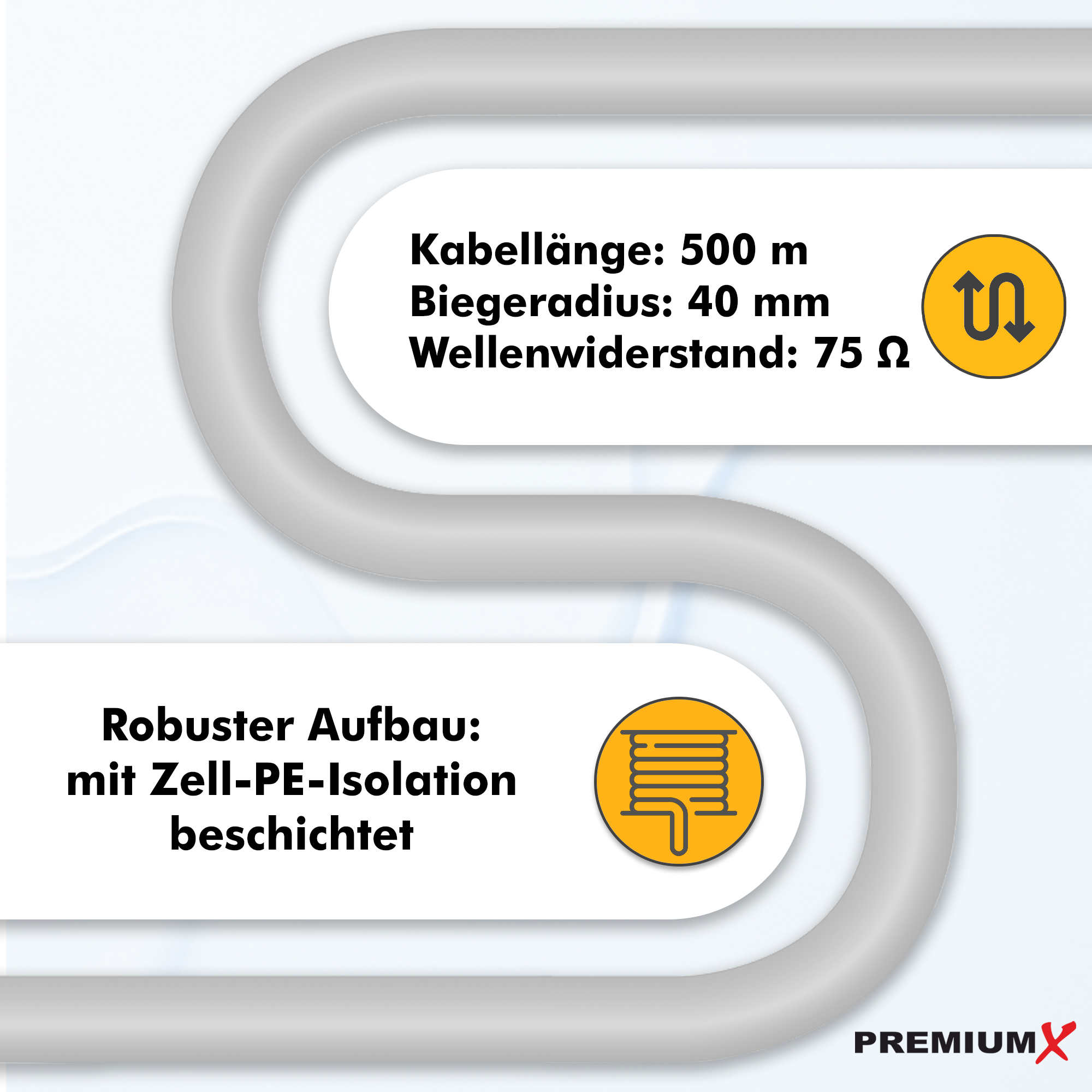 Kabel mit 500m Länge, 40mm Biegeradius, 75 Ohm. Robuster Aufbau.