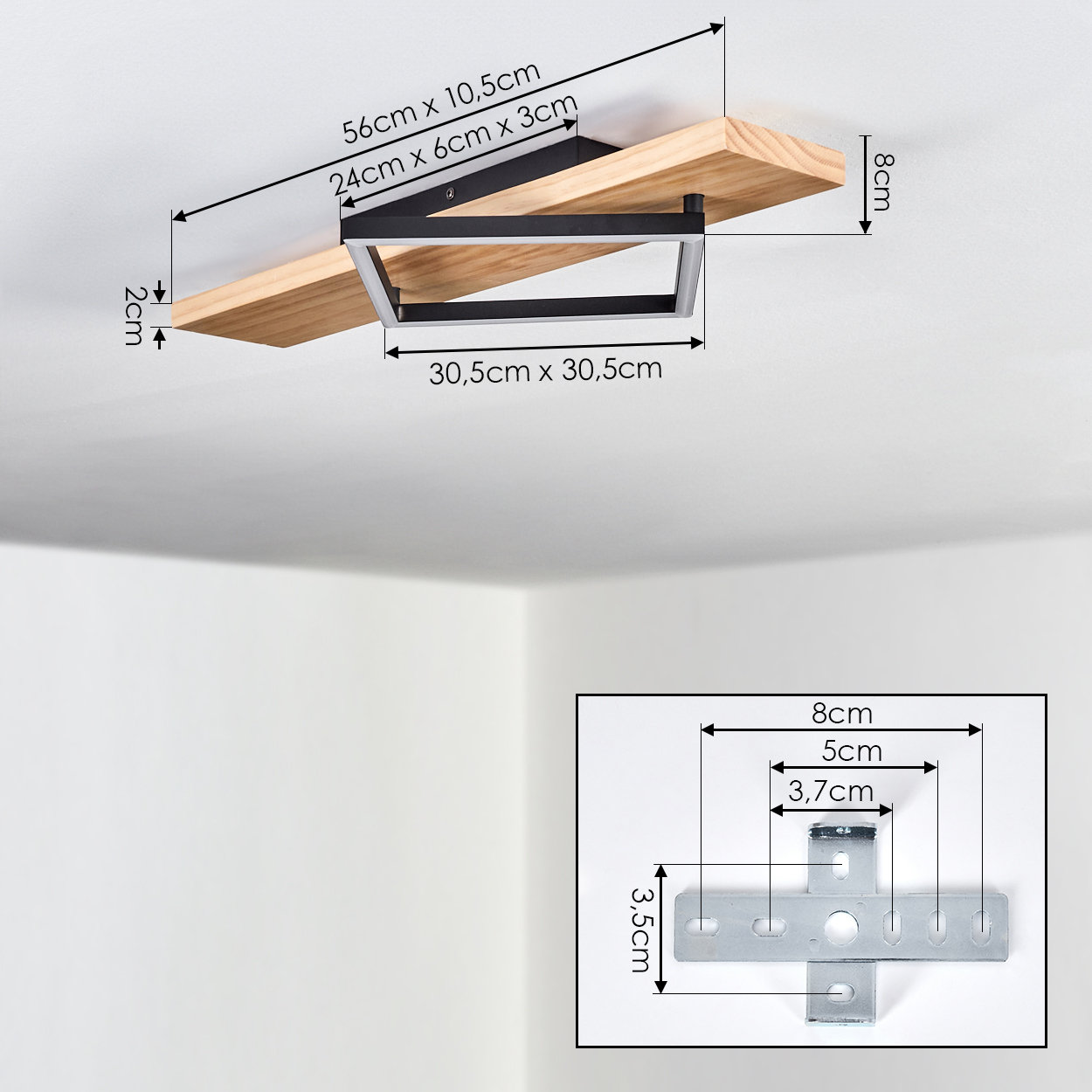 Holzregal mit schwarzen Metallrahmen, Maße sind angegeben.