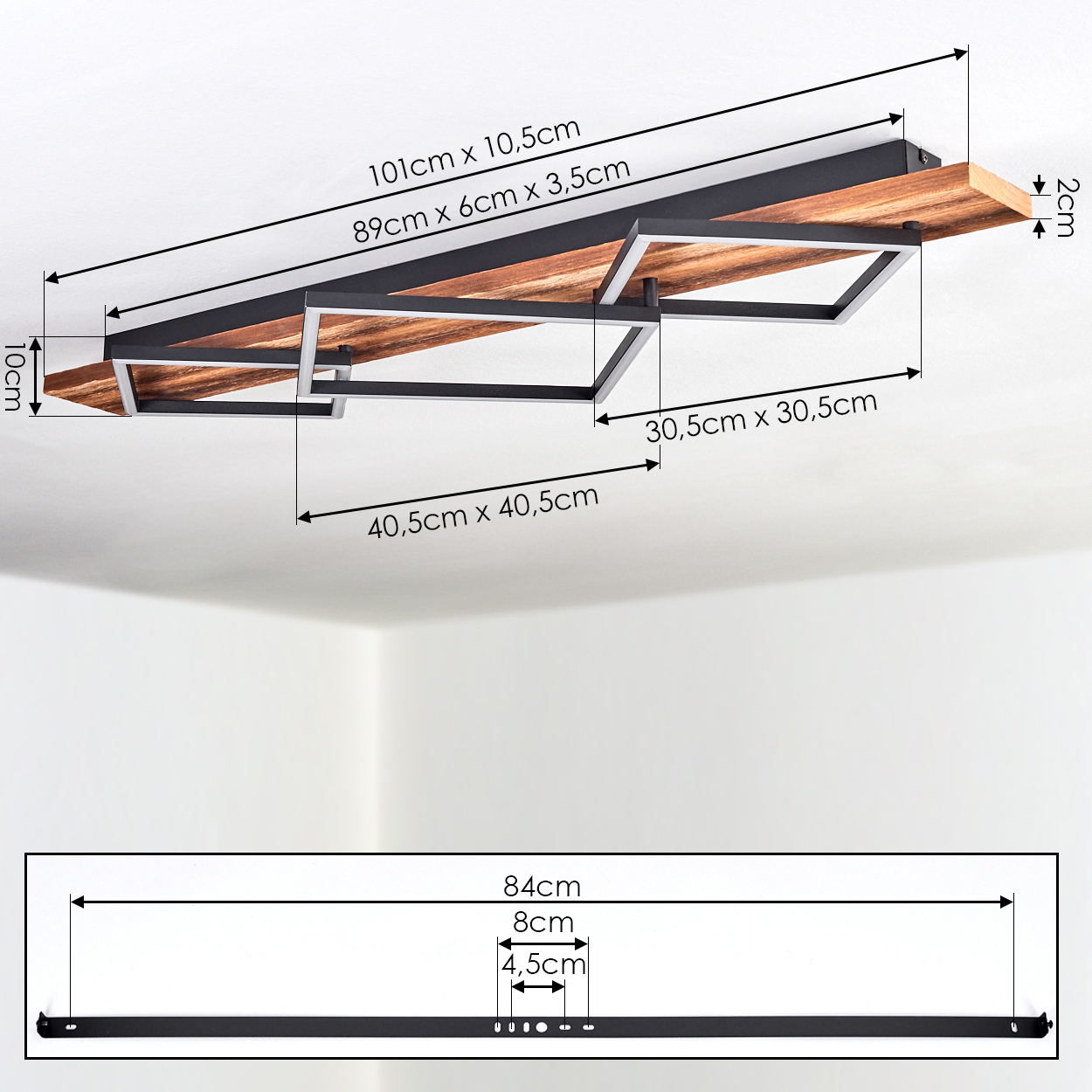 Deckenleuchte mit Holz und Metallrahmen, Maße sind angegeben.