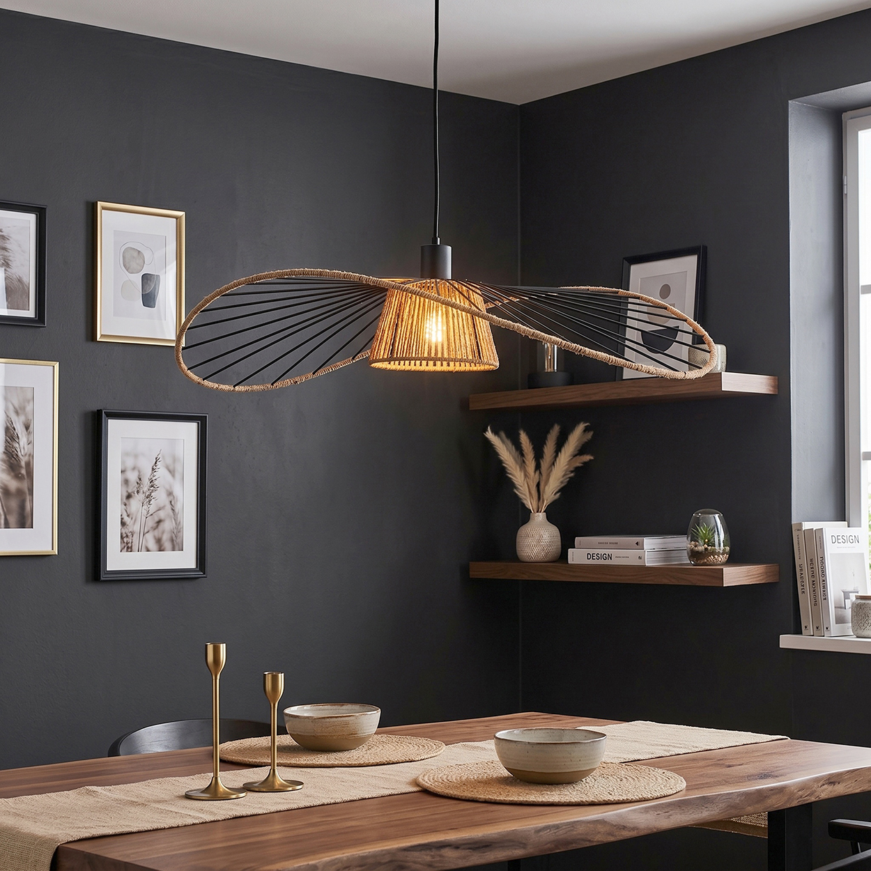 Eine hängende Rattanlampe beleuchtet einen Esstisch mit Schalen und goldenen Kerzenhaltern.