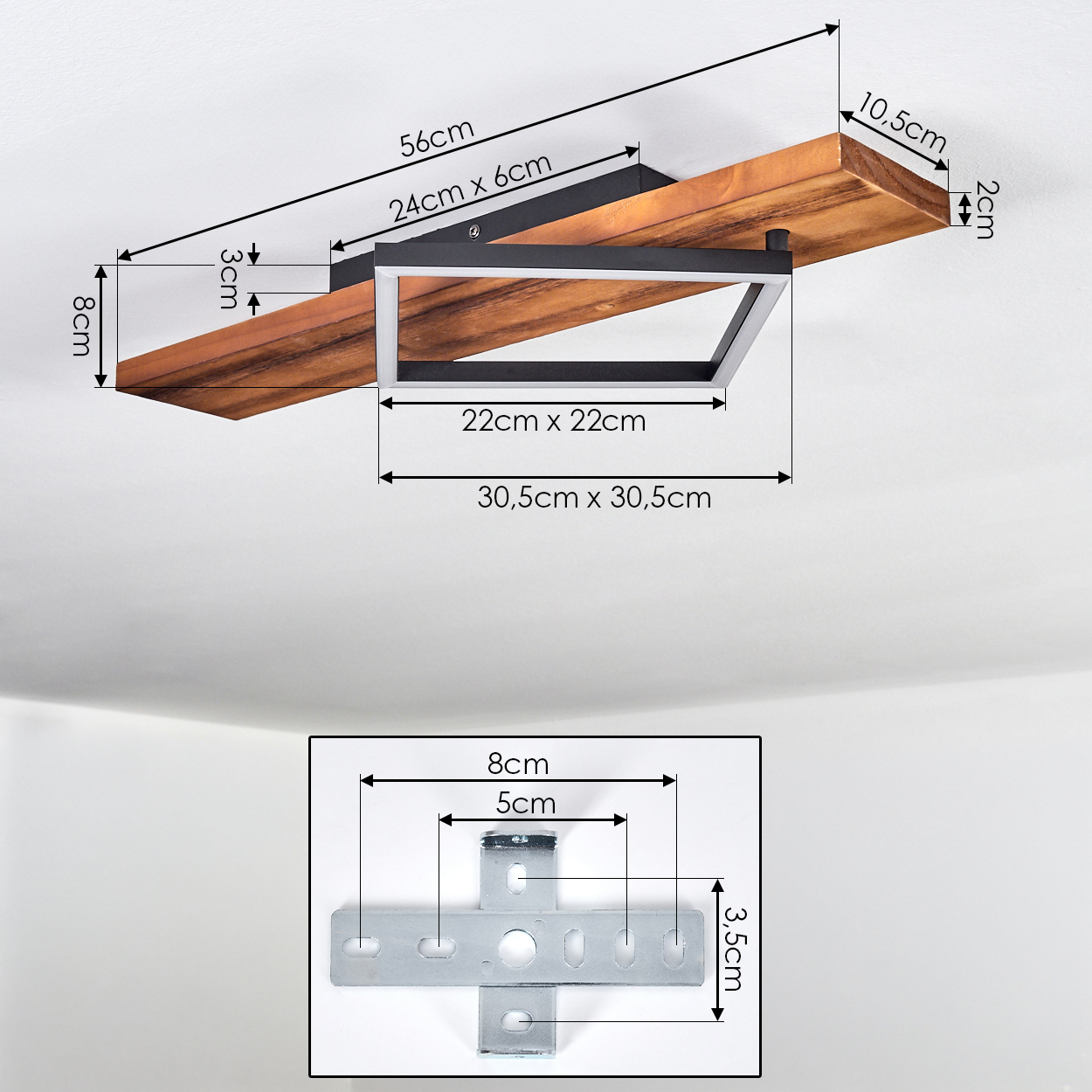 Holzregal mit schwarzem Metallrahmen und Maßen. Unteransicht einer Metallhalterung.