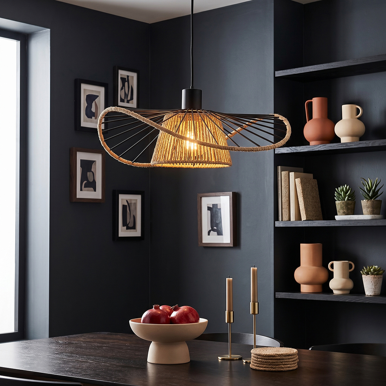 Ein Esszimmer mit dunklen Wänden, einem Kronleuchter, Kunstwerk, Kerzenhaltern und Obstschale.