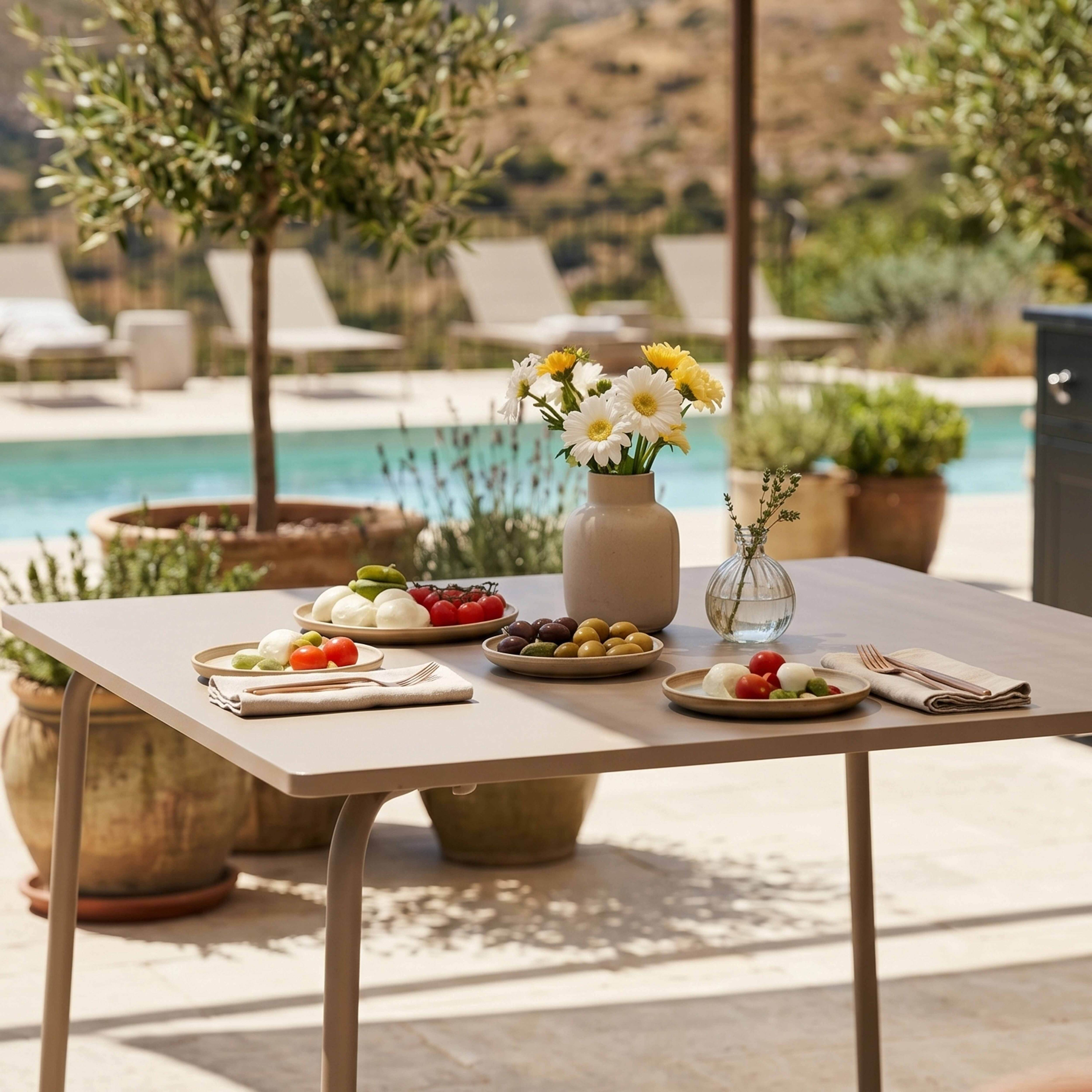 Ein Tisch mit Essen, Blumen und einem Pool im Hintergrund.