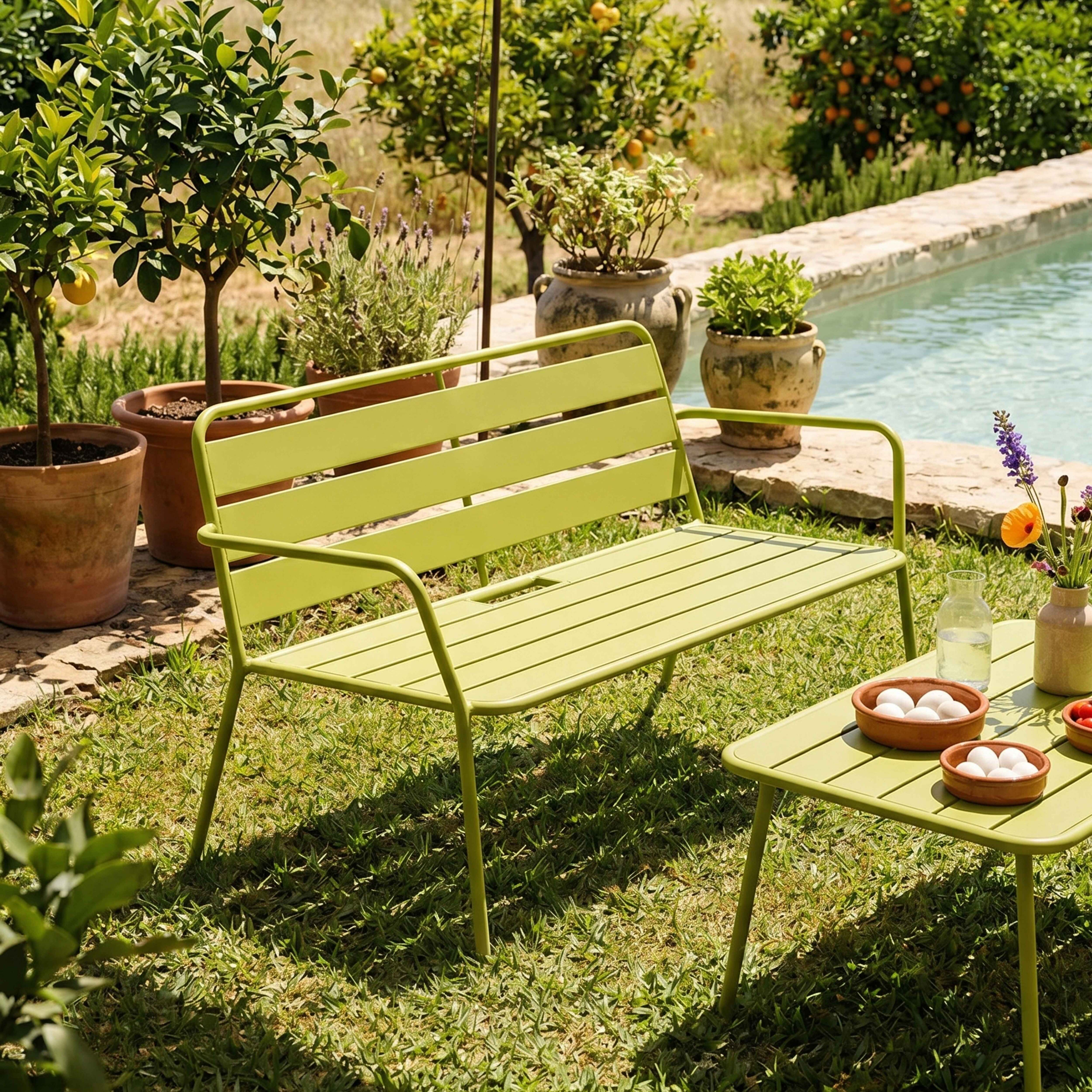 Eine hellgrüne Gartenbank und ein Tisch mit Schalen voller Eier stehen auf Gras neben einem Pool.