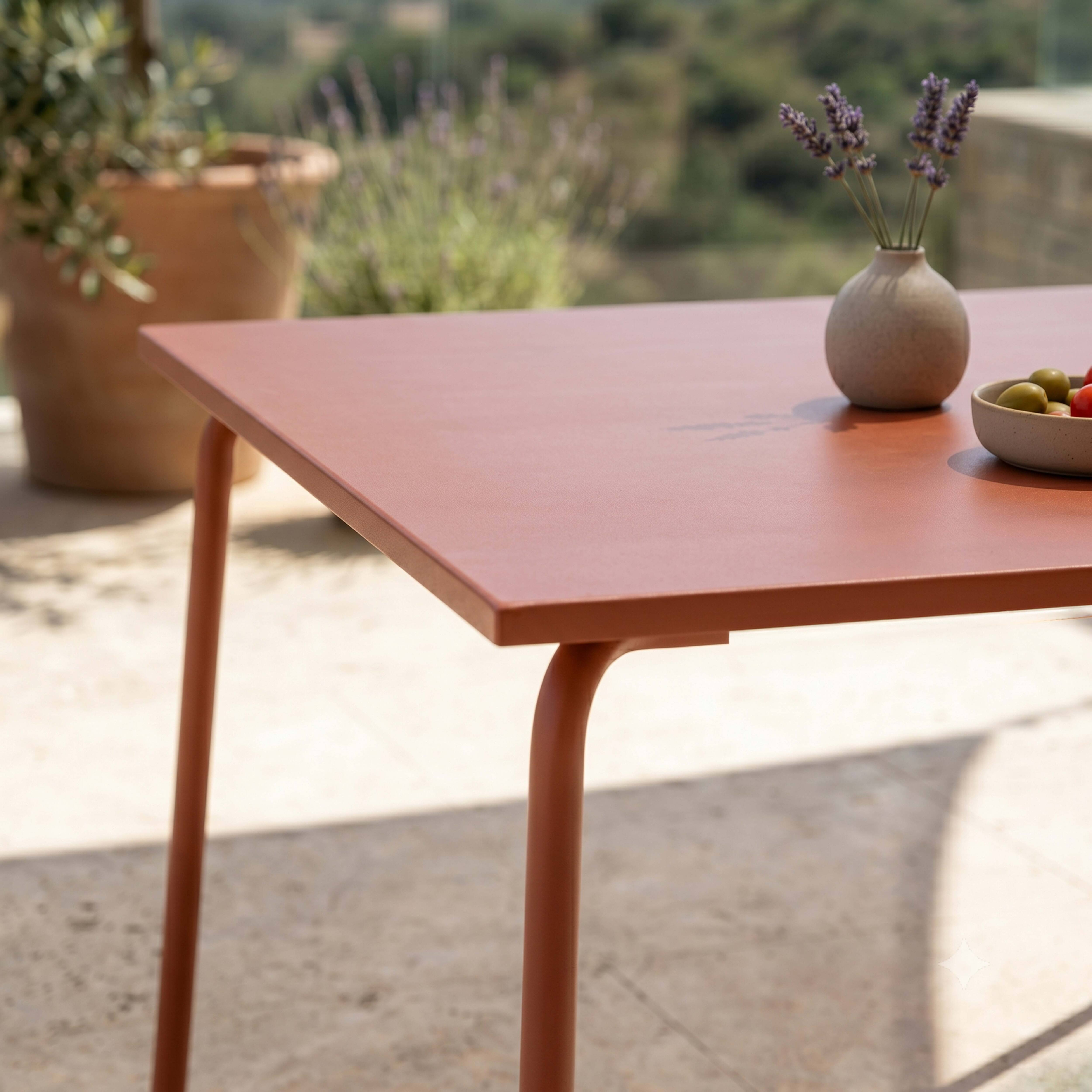 Ein korallenroter Tisch mit Lavendel und Oliven auf einer Terrasse.