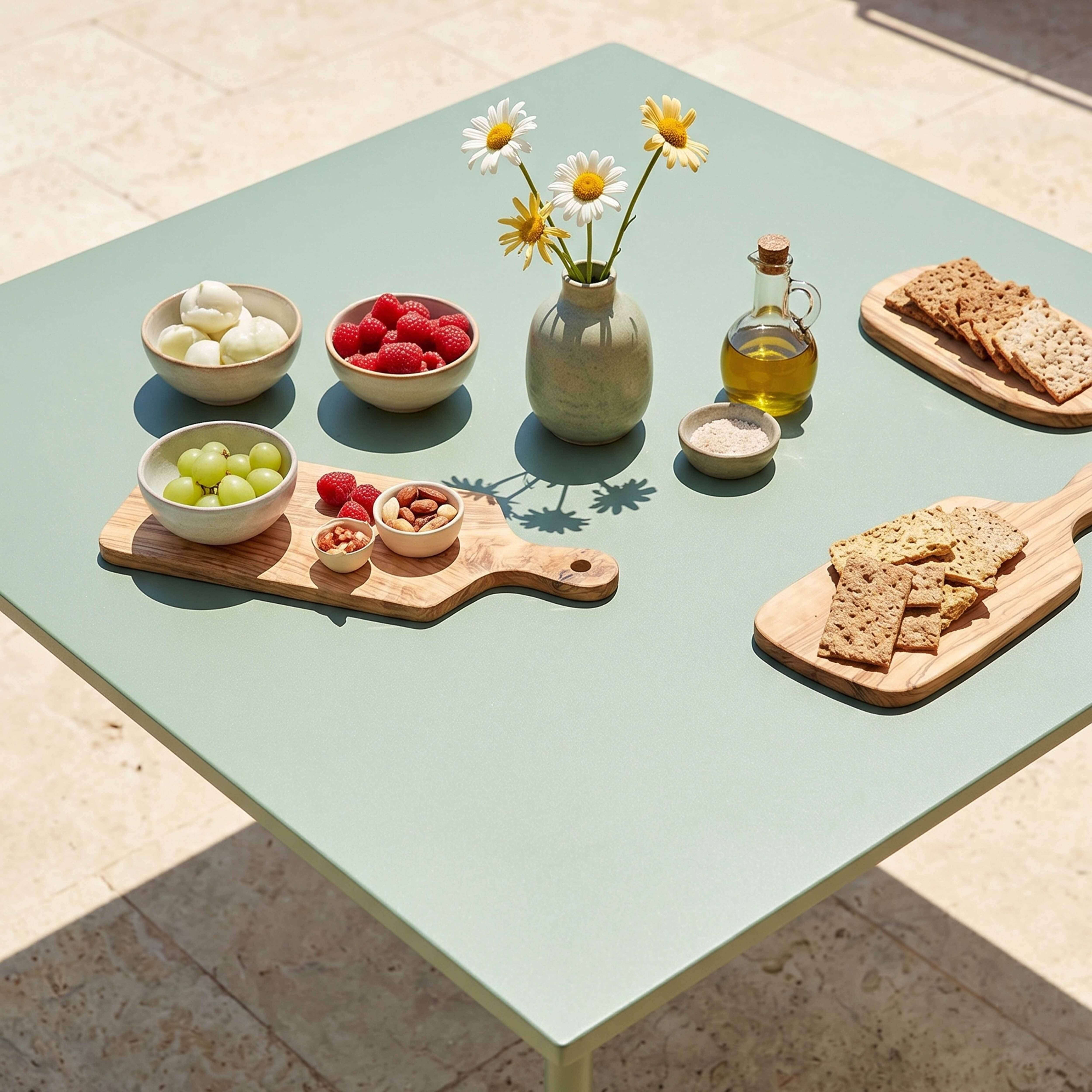 Ein Tisch mit Snacks: Beeren, Trauben, Nüsse, Olivenöl und Cracker.