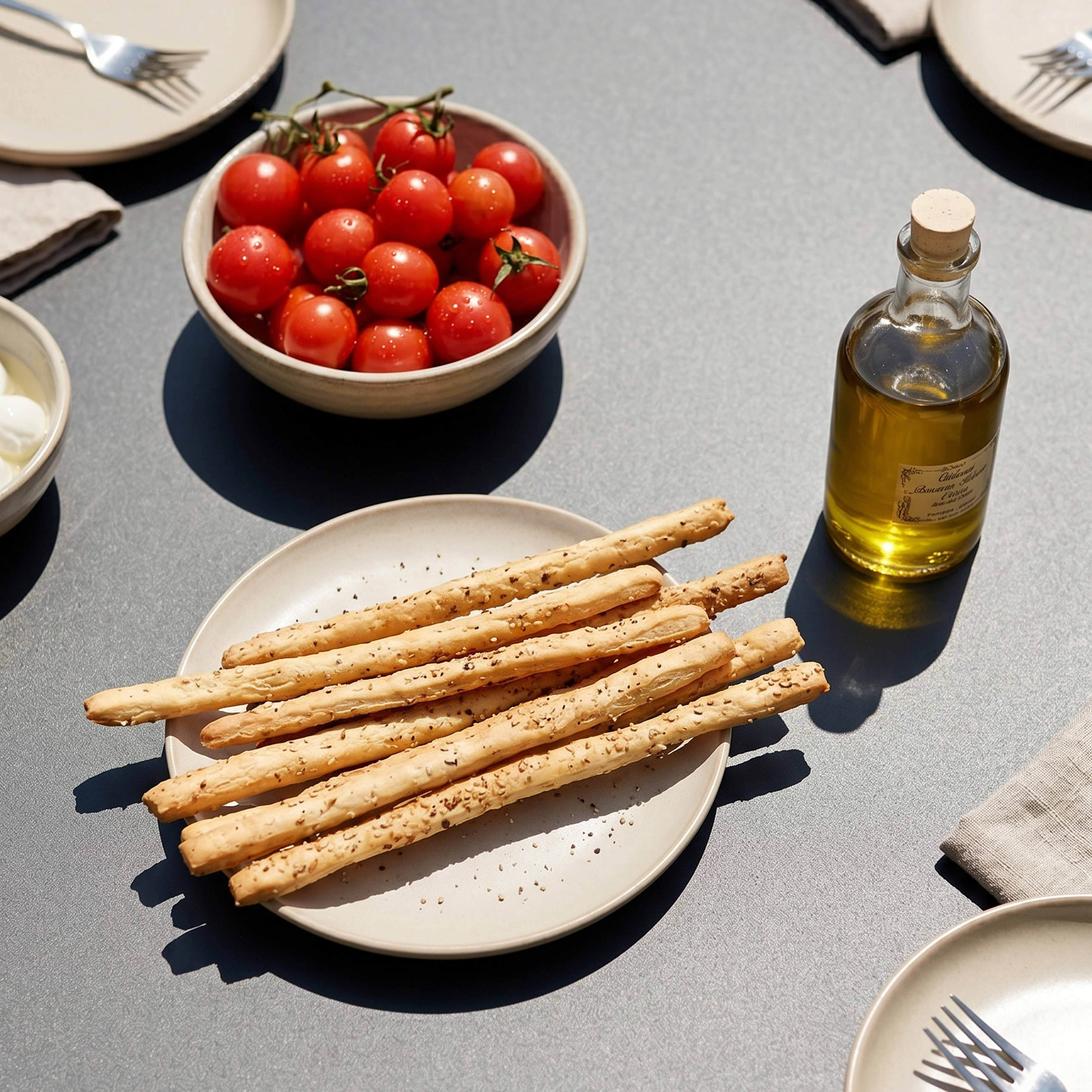 Grissini auf einem Teller, daneben Kirschtomaten und Olivenöl.