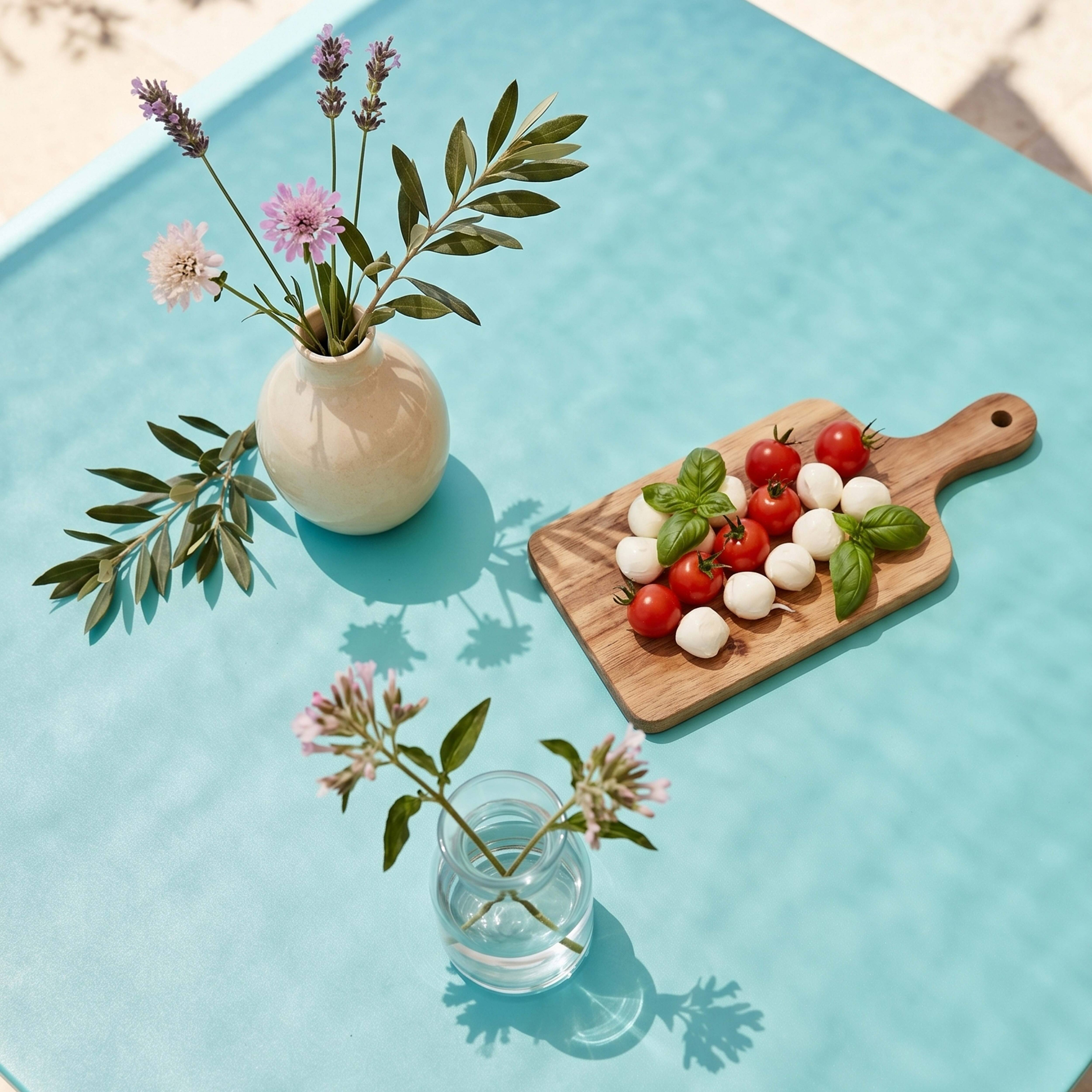 Tomaten, Mozzarella und Basilikum auf Holzbrett mit Blumen in Vasen auf blauem Tisch.