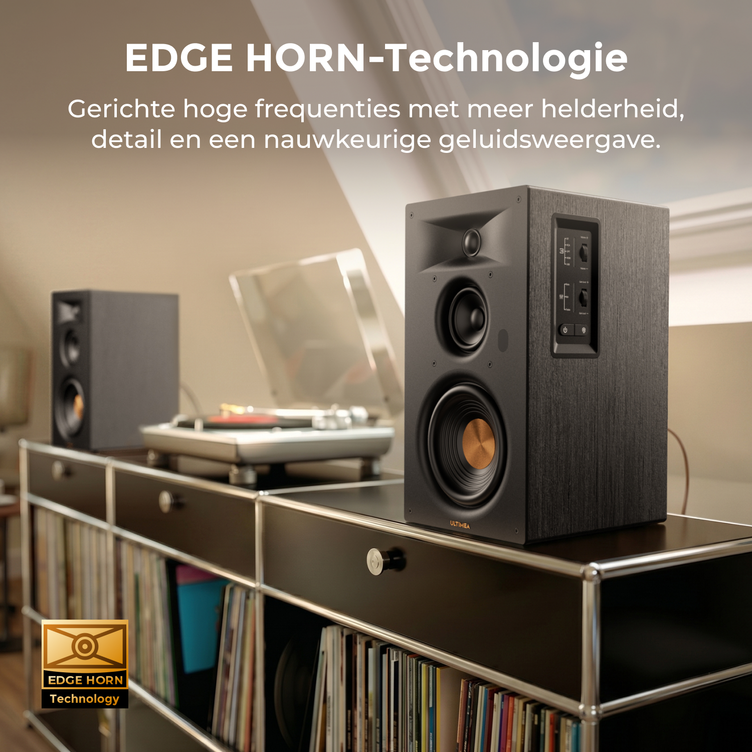 Deux haut-parleurs noirs sur une étagère, une platine et des disques.