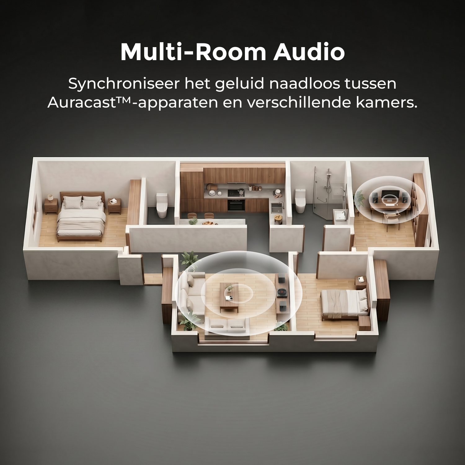 Plan d'étage d'une maison montrant des chambres, une cuisine, une salle de bain et un salon avec des icônes audio.