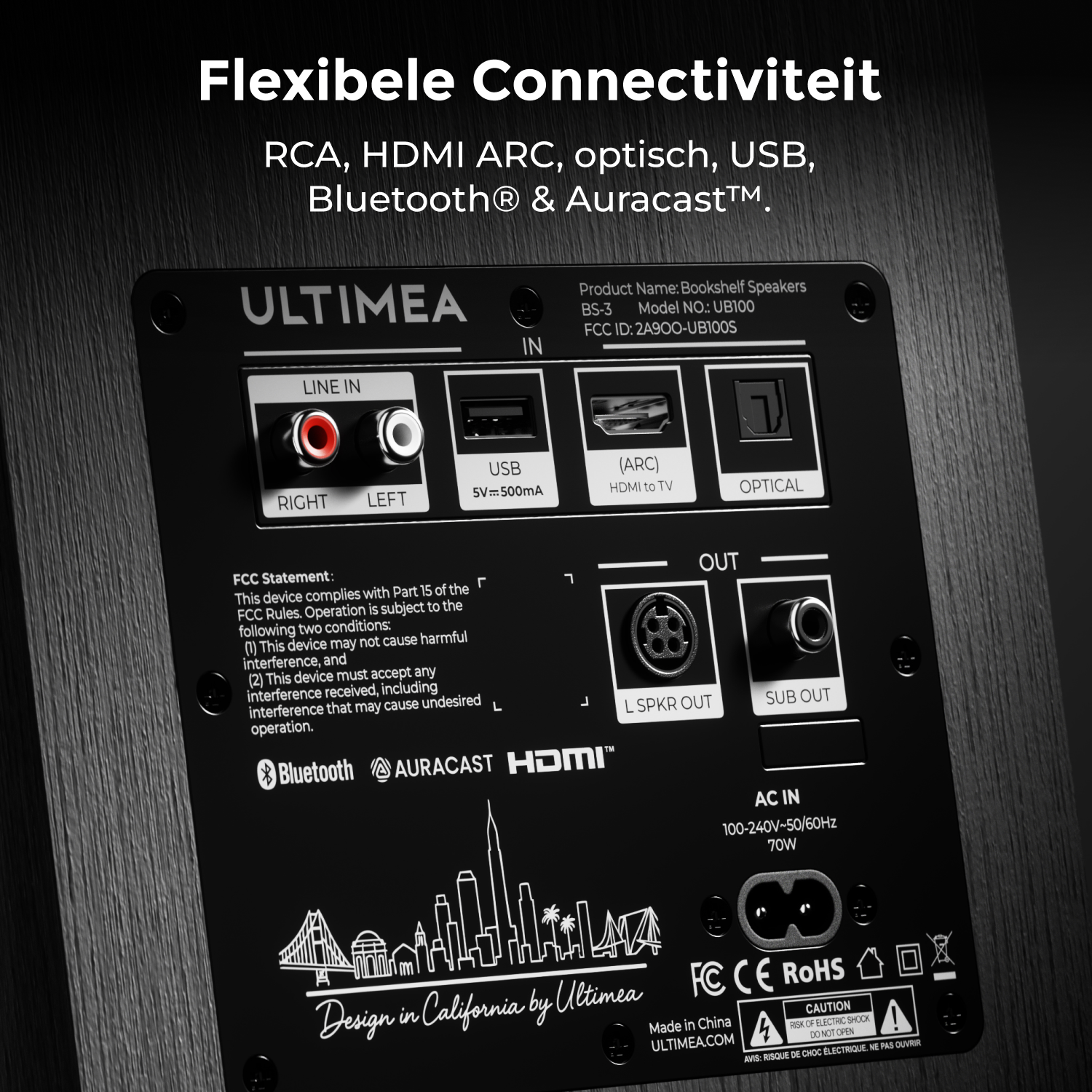 Arrière d'un haut-parleur montrant les connexions : Entrée ligne, USB, HDMI, Optique, Sortie haut-parleur G, Sortie Sub.