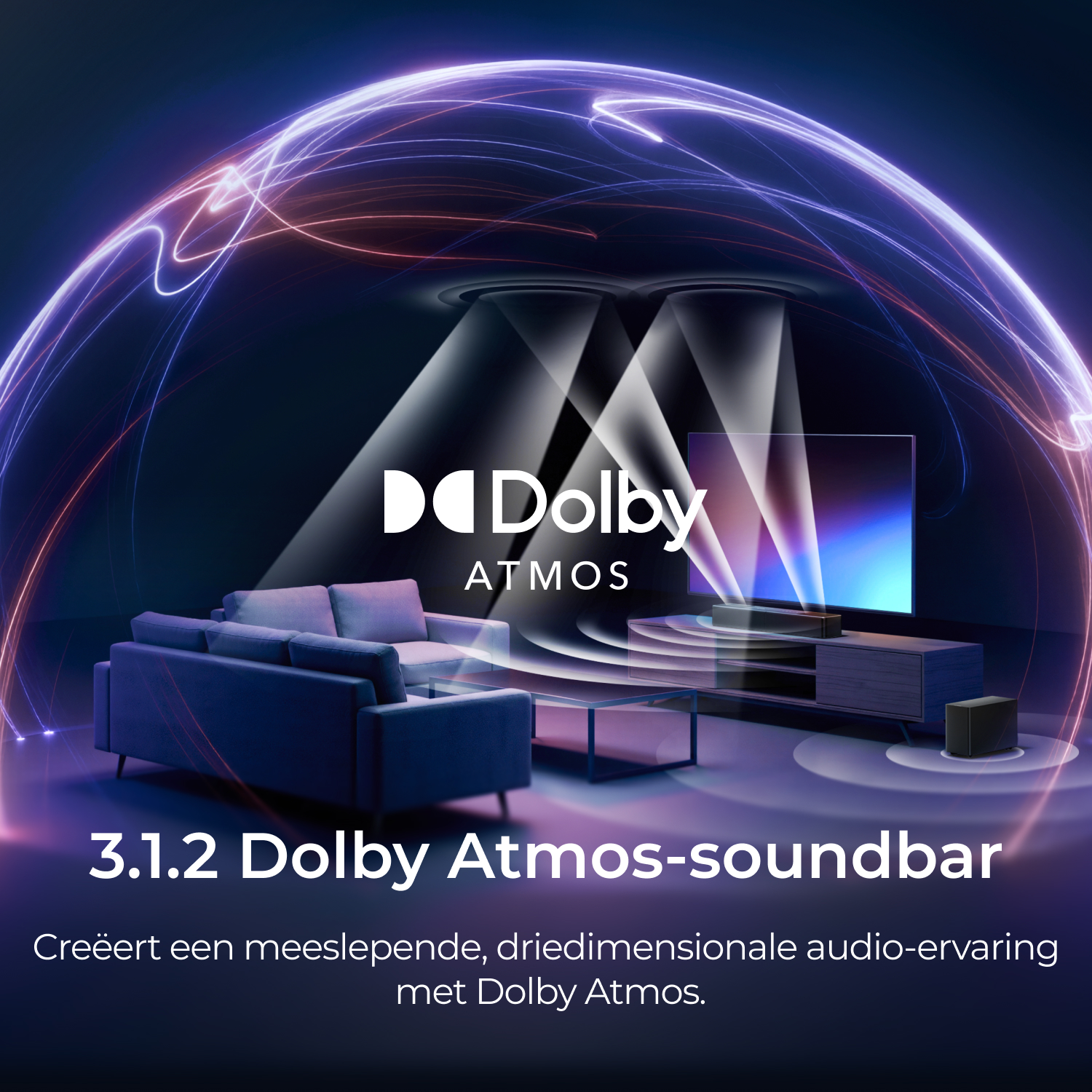Un salon moderne avec logo Dolby Atmos, canapé et télévision.