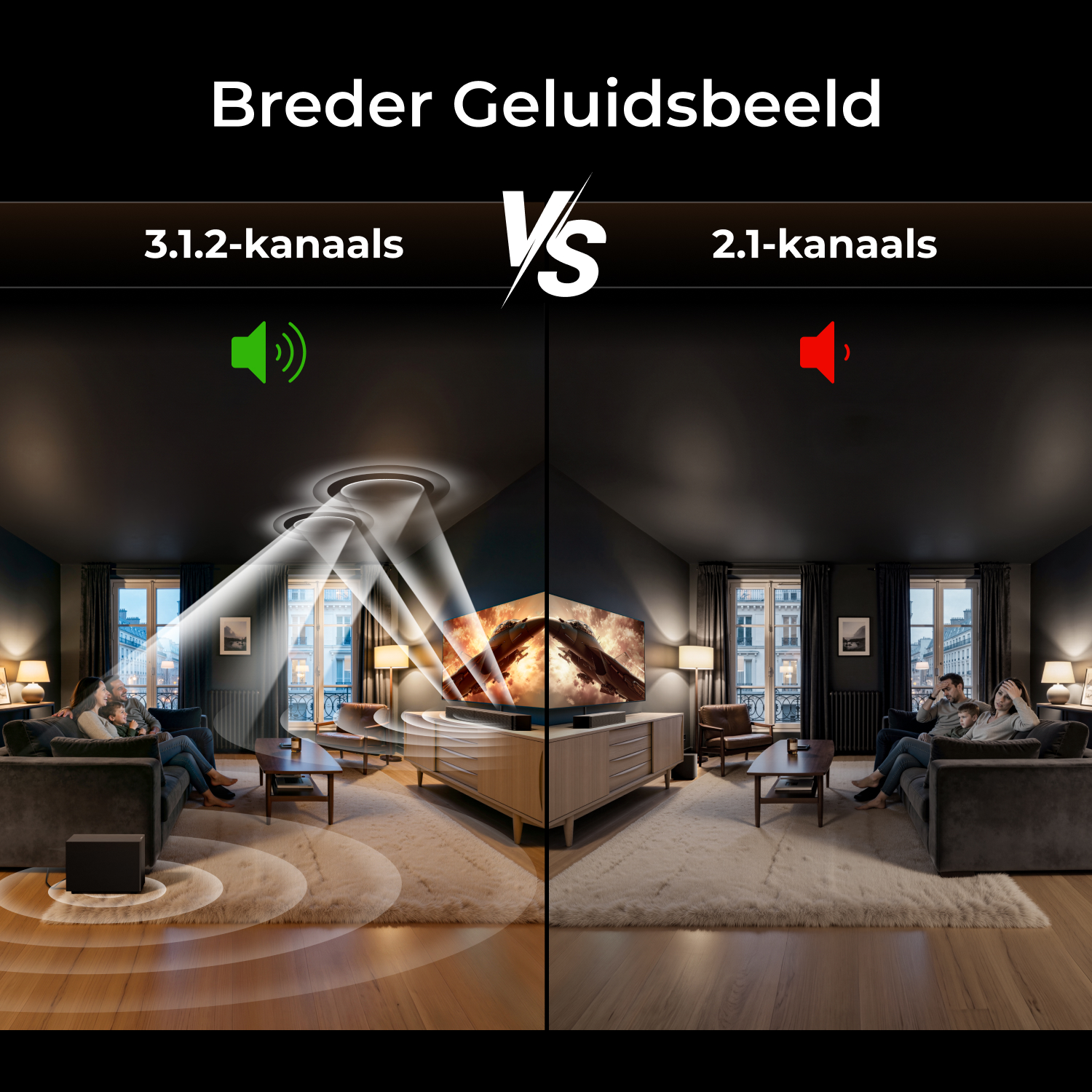 Comparaison du son 3.1.2 canaux et 2.1 canaux dans un salon.