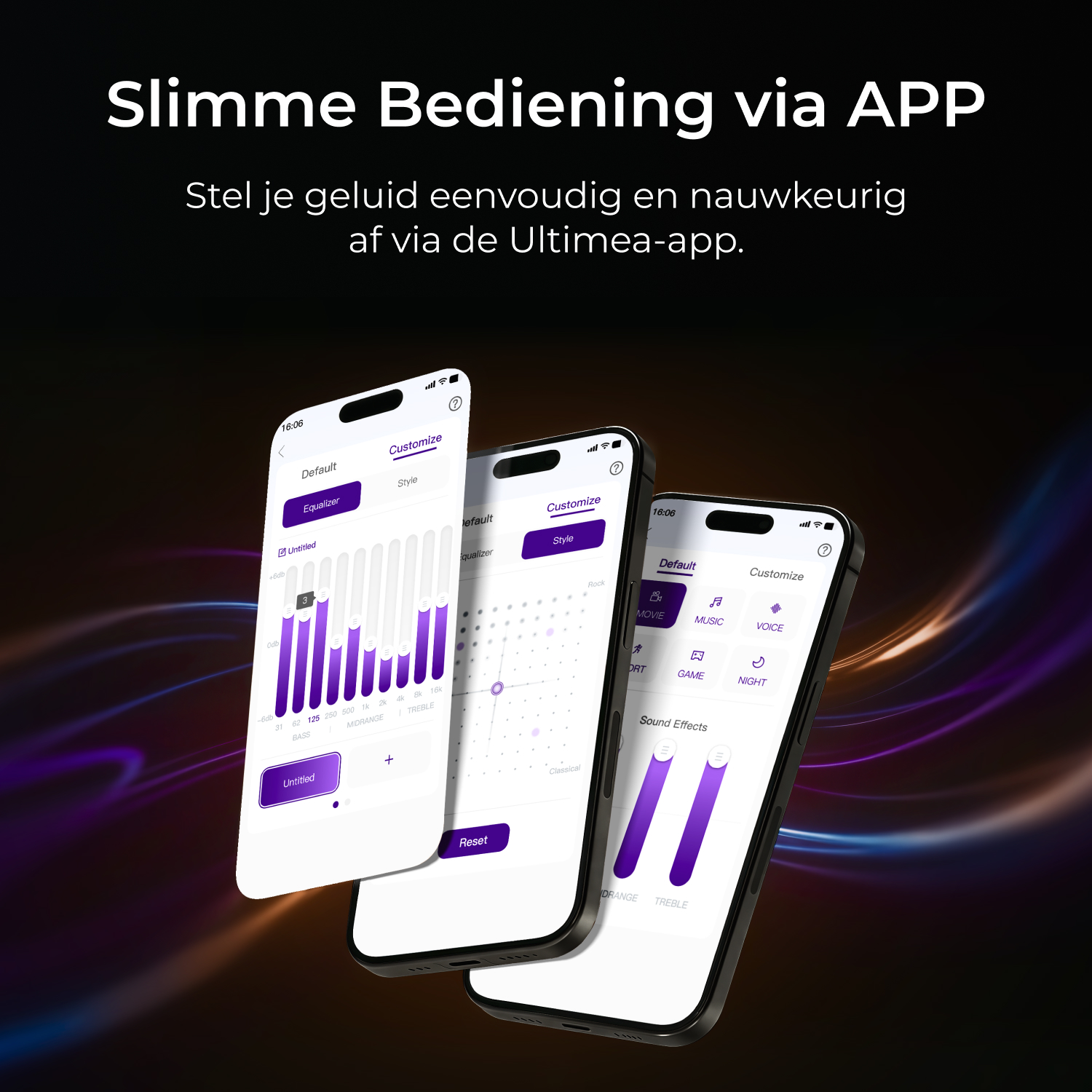Trois smartphones affichent une application de réglage sonore avec égaliseur et effets.