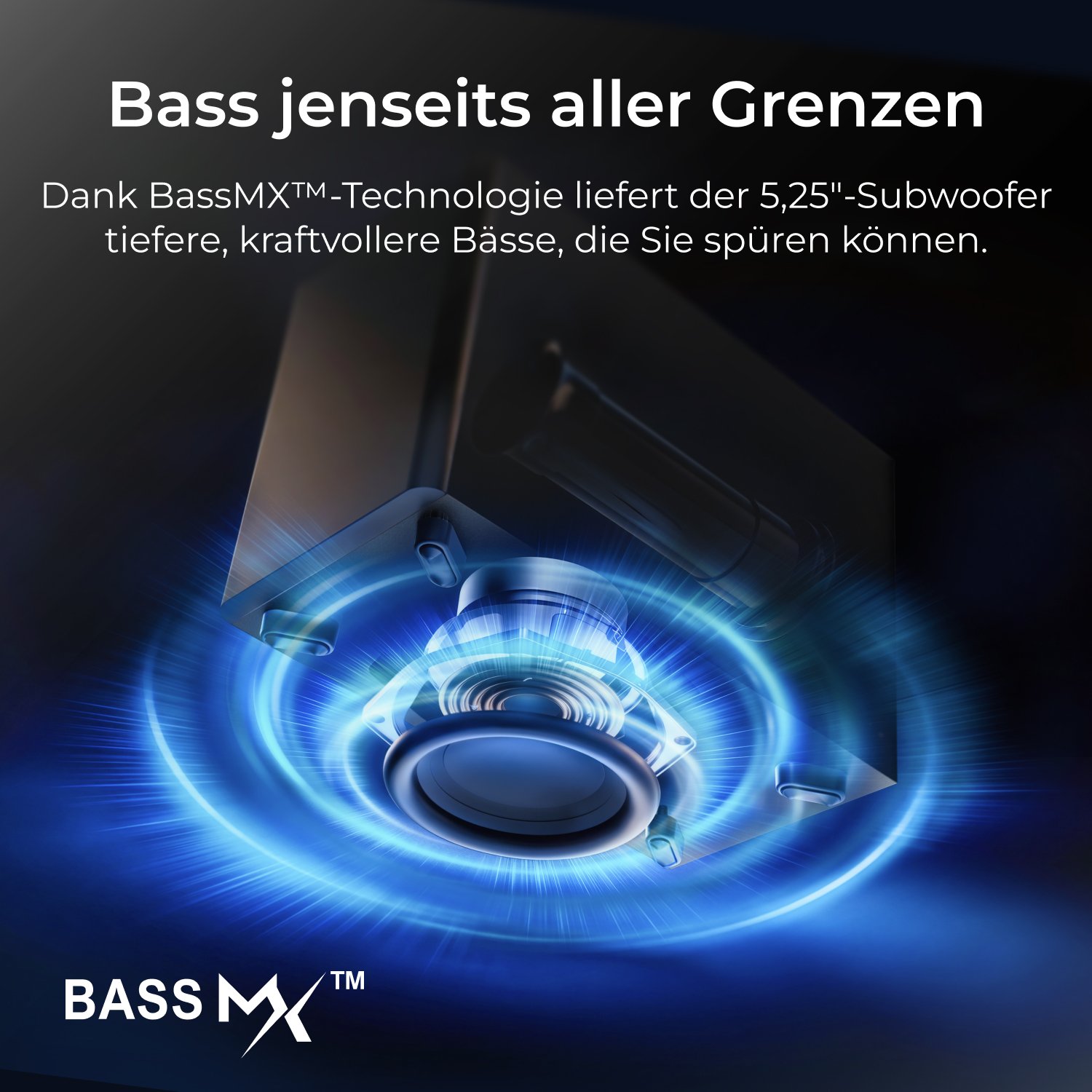 Ein 5,25-Zoll-Subwoofer mit blauen Schallwellen und dem BassMX-Logo.