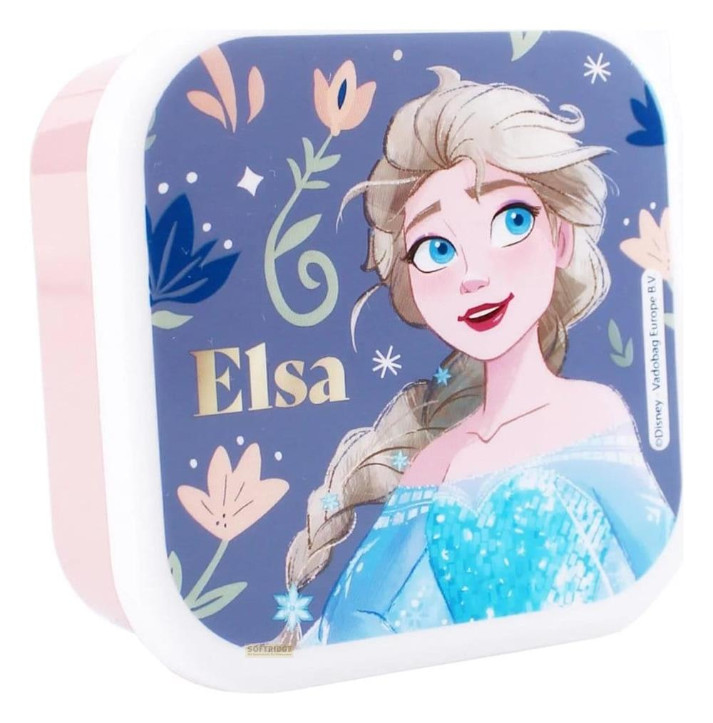 Elsa mit blauen Augen und blondem Zopf auf blauem Hintergrund mit Blumen.