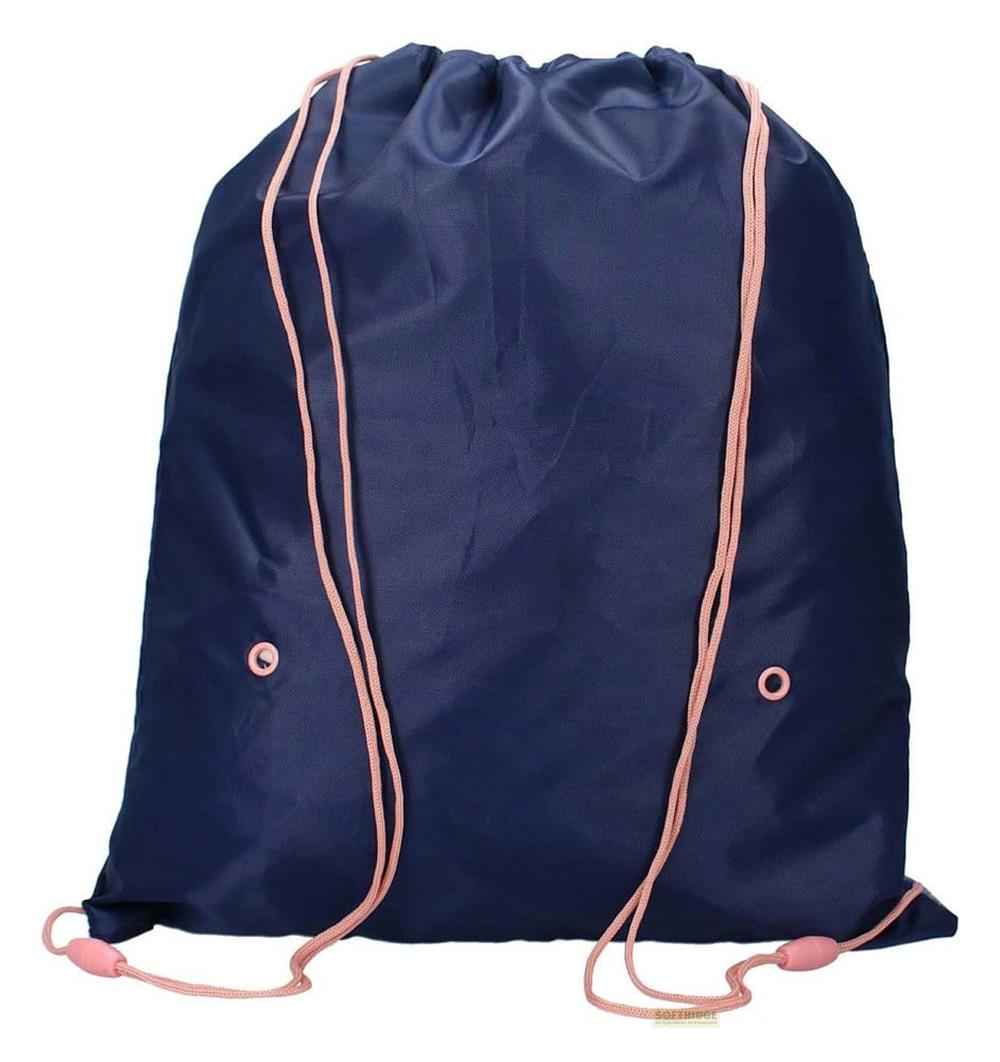 Dunkelblauer Beutel mit rosa Kordeln und Schnüren.