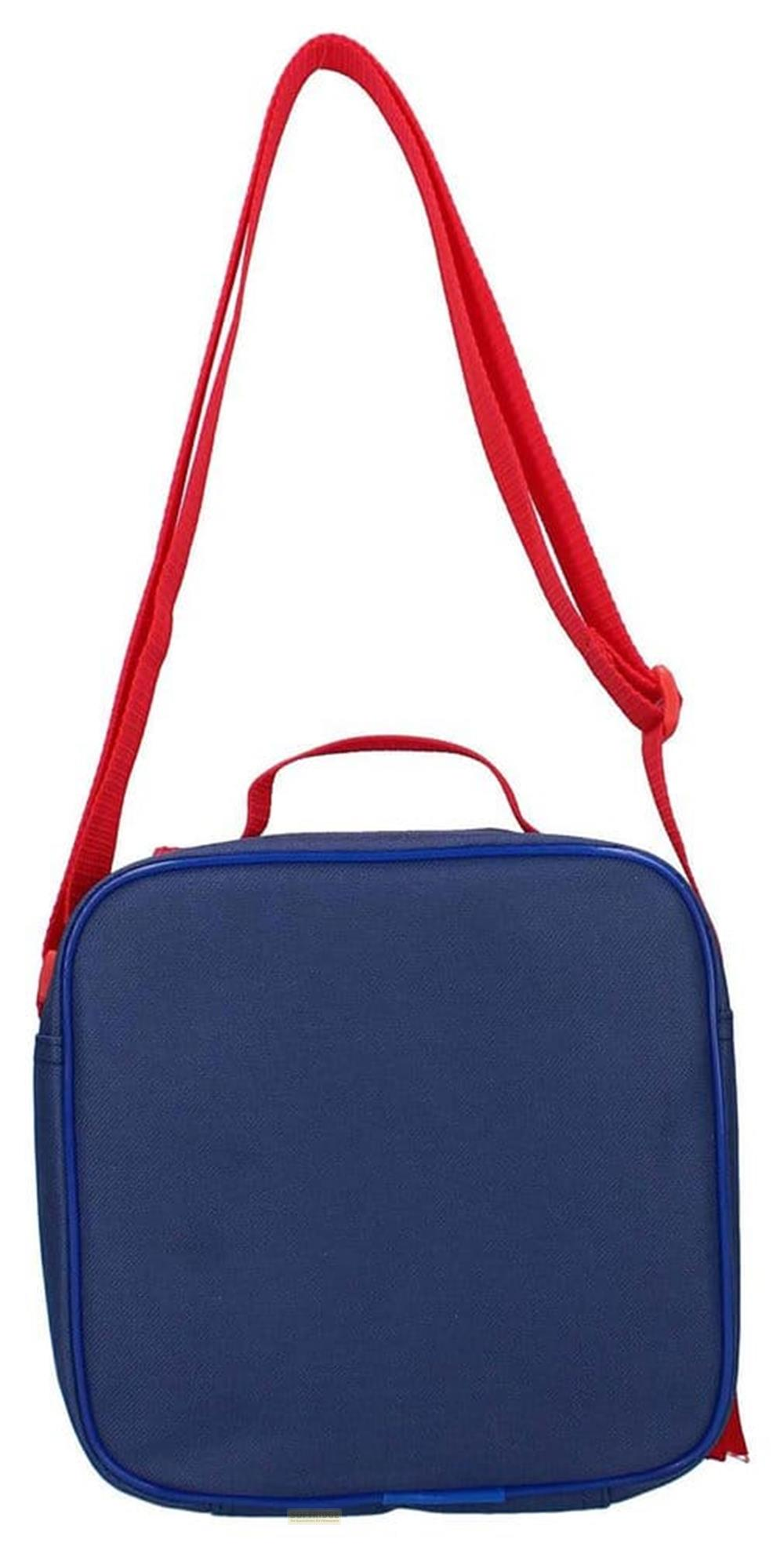 Donkerblauwe tas met rood handvat en schouderband op witte achtergrond.
