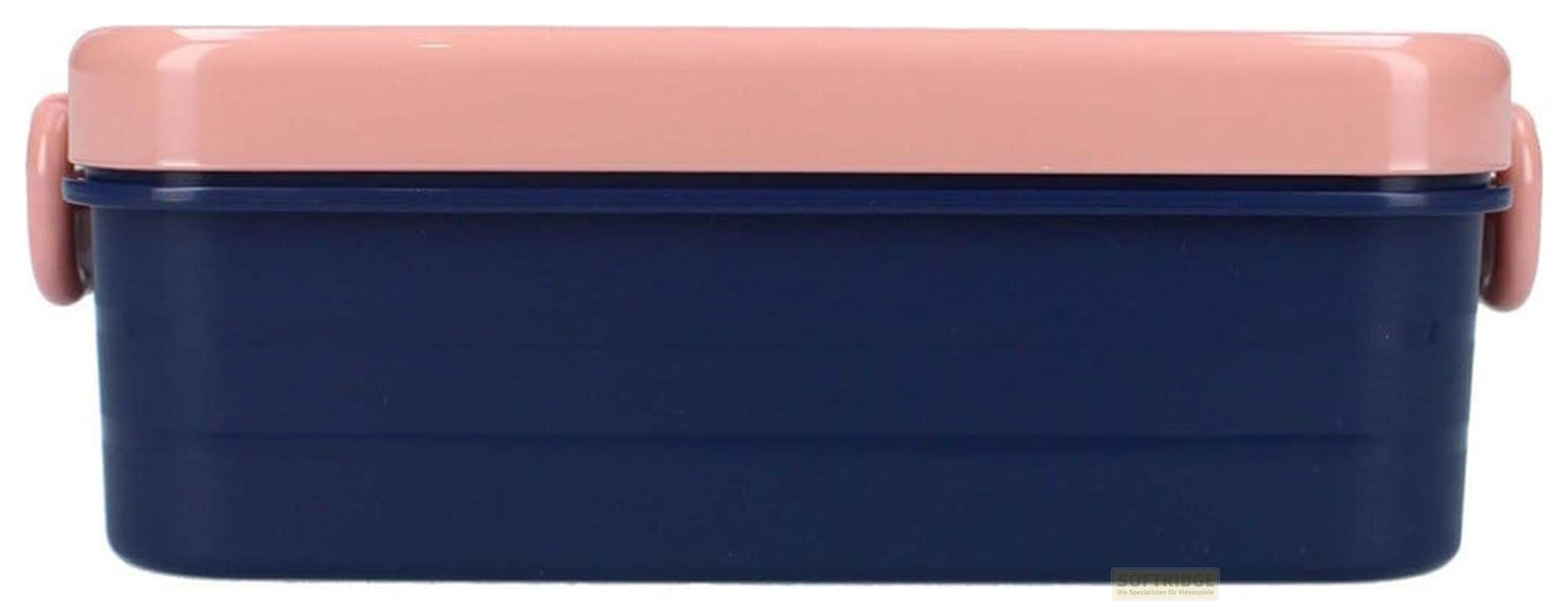 Dunkelblaue rechteckige Lunchbox mit rosa Deckel und seitlichen Verschlüssen.