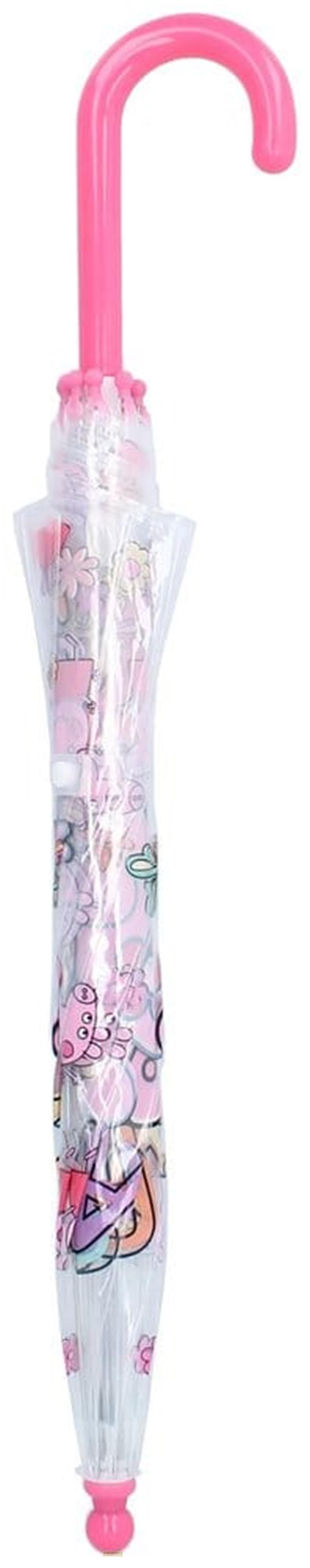 Ein pinker Regenschirm mit transparentem Stoff und bunten Motiven.