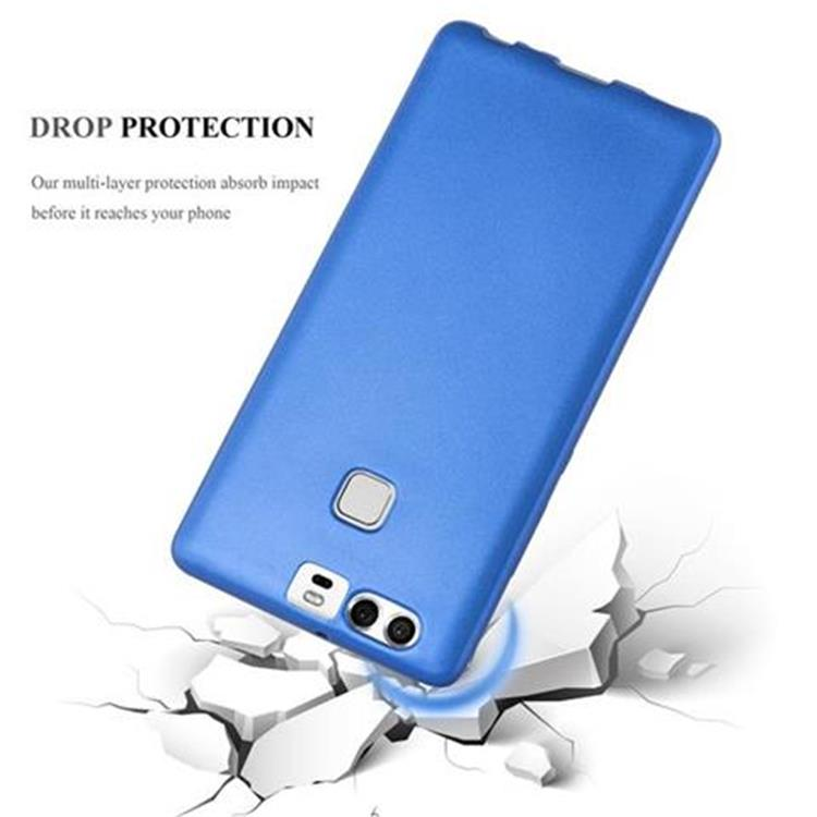 Custodia blu per telefono che cade su superficie bianca incrinata. Protezione.